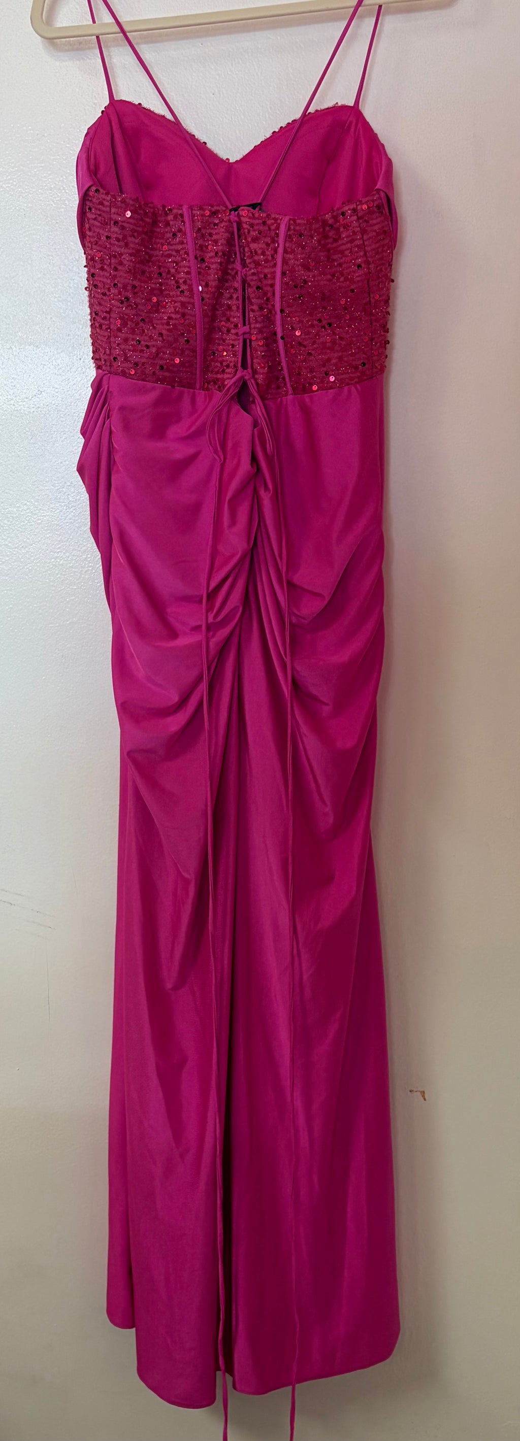 Stacees Hot Pink Beaded Corset Prom Dress with Draped Satin Skirt