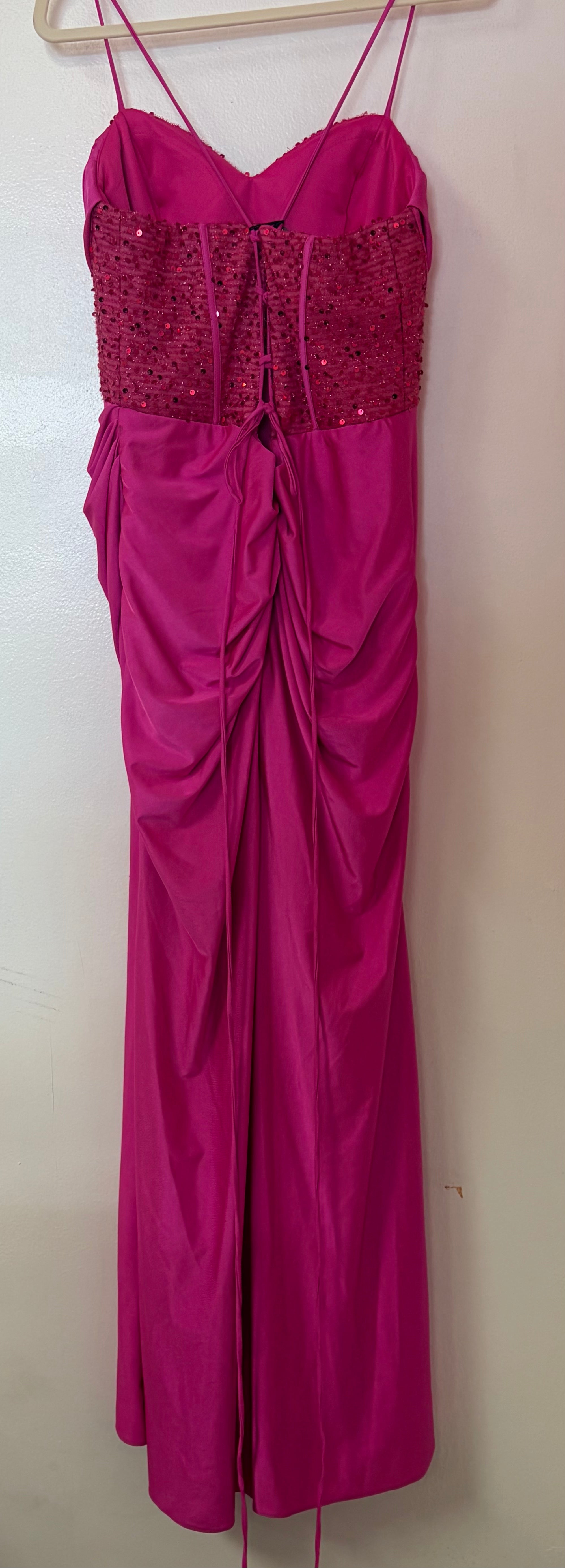 Stacees Hot Pink Beaded Corset Prom Dress with Draped Satin Skirt