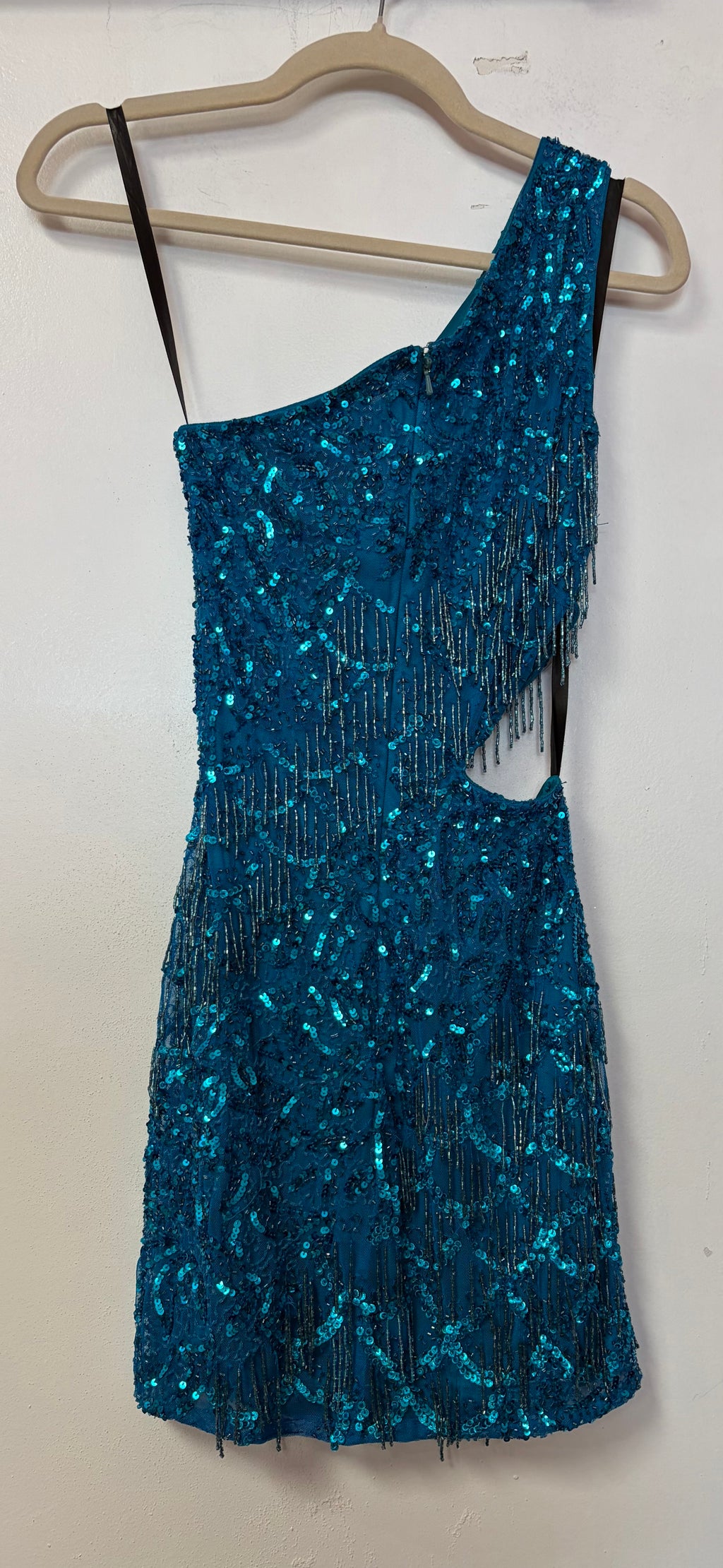Primavera Couture 3836 Teal One-Shoulder Sequin Fringe Dress