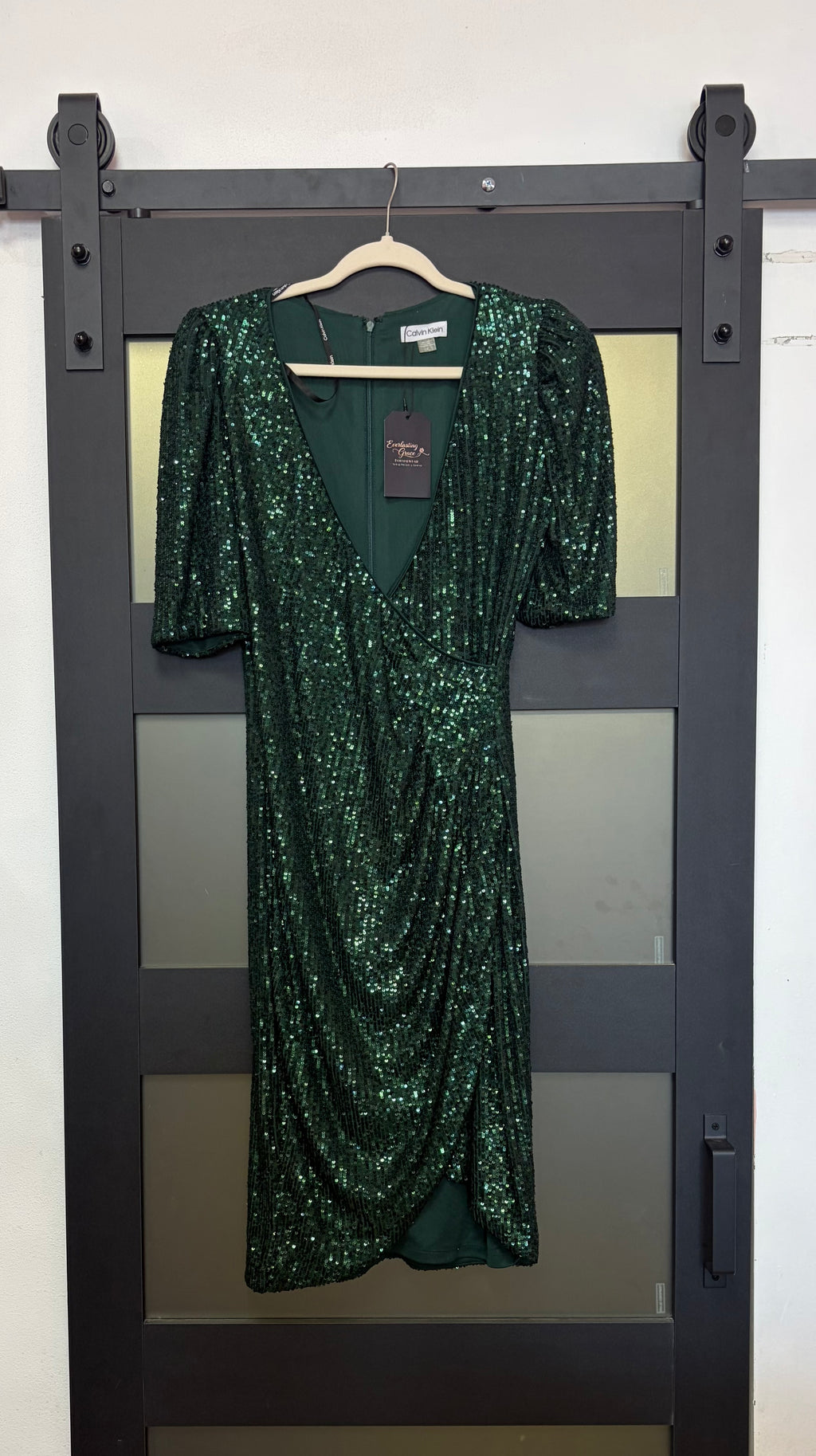 Calvin Klein Emerald Sequin Faux Wrap Cocktail Dress