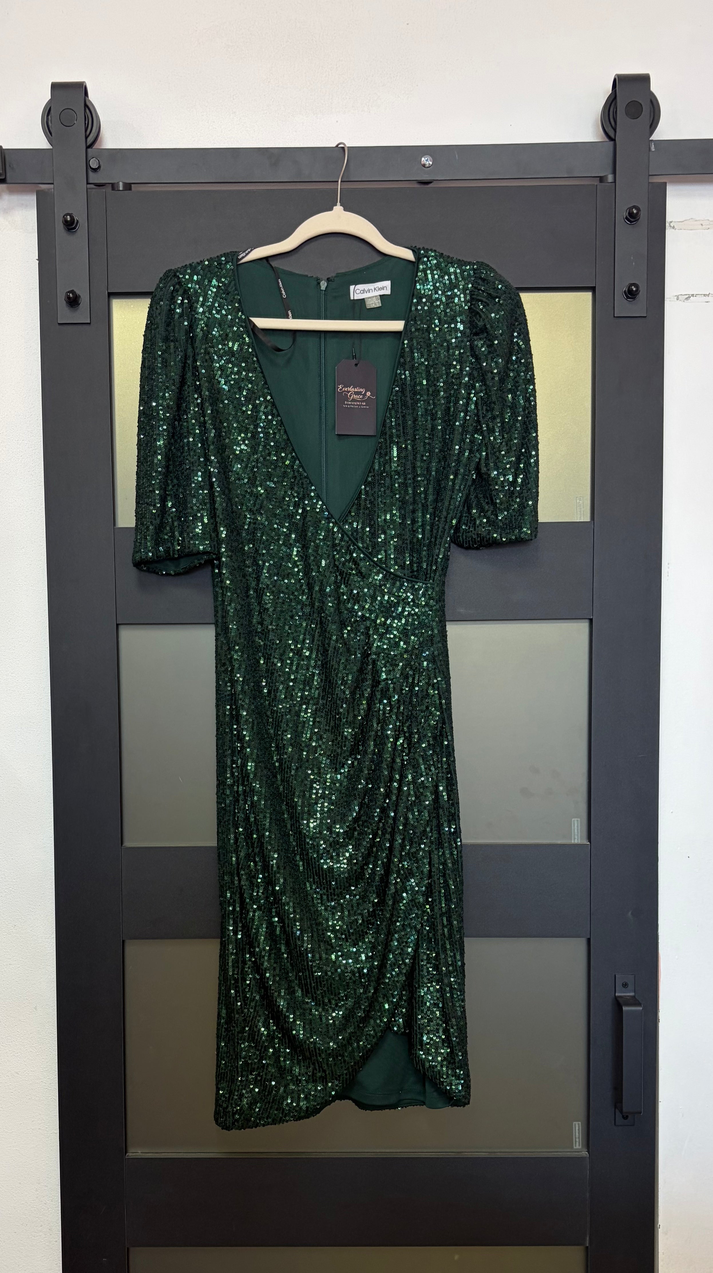 Calvin Klein Emerald Sequin Faux Wrap Cocktail Dress