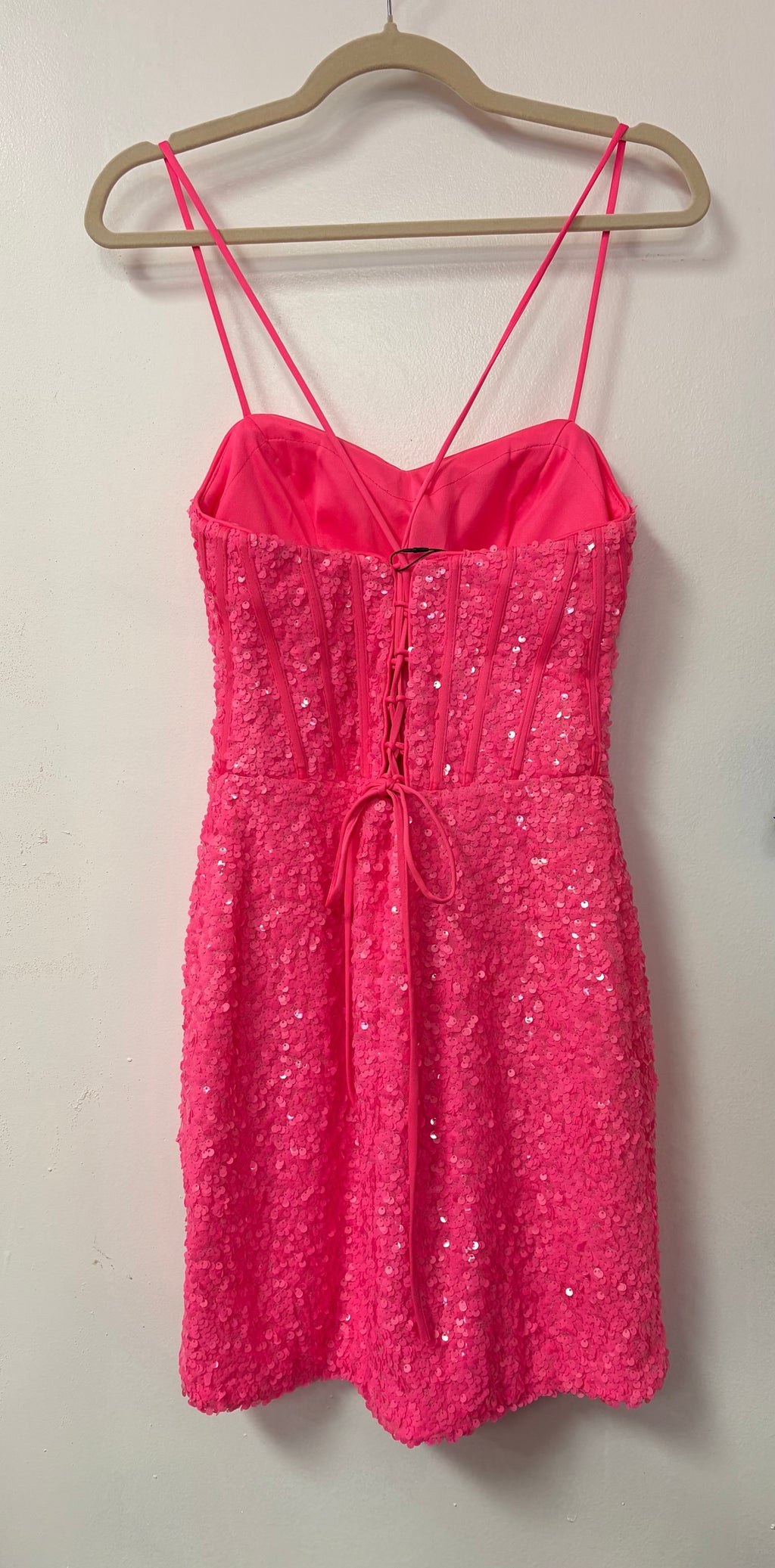Colors 3022 Hot Pink Sequin Homecoming Dress with Corset Bodice and Tulip Hem Skirt