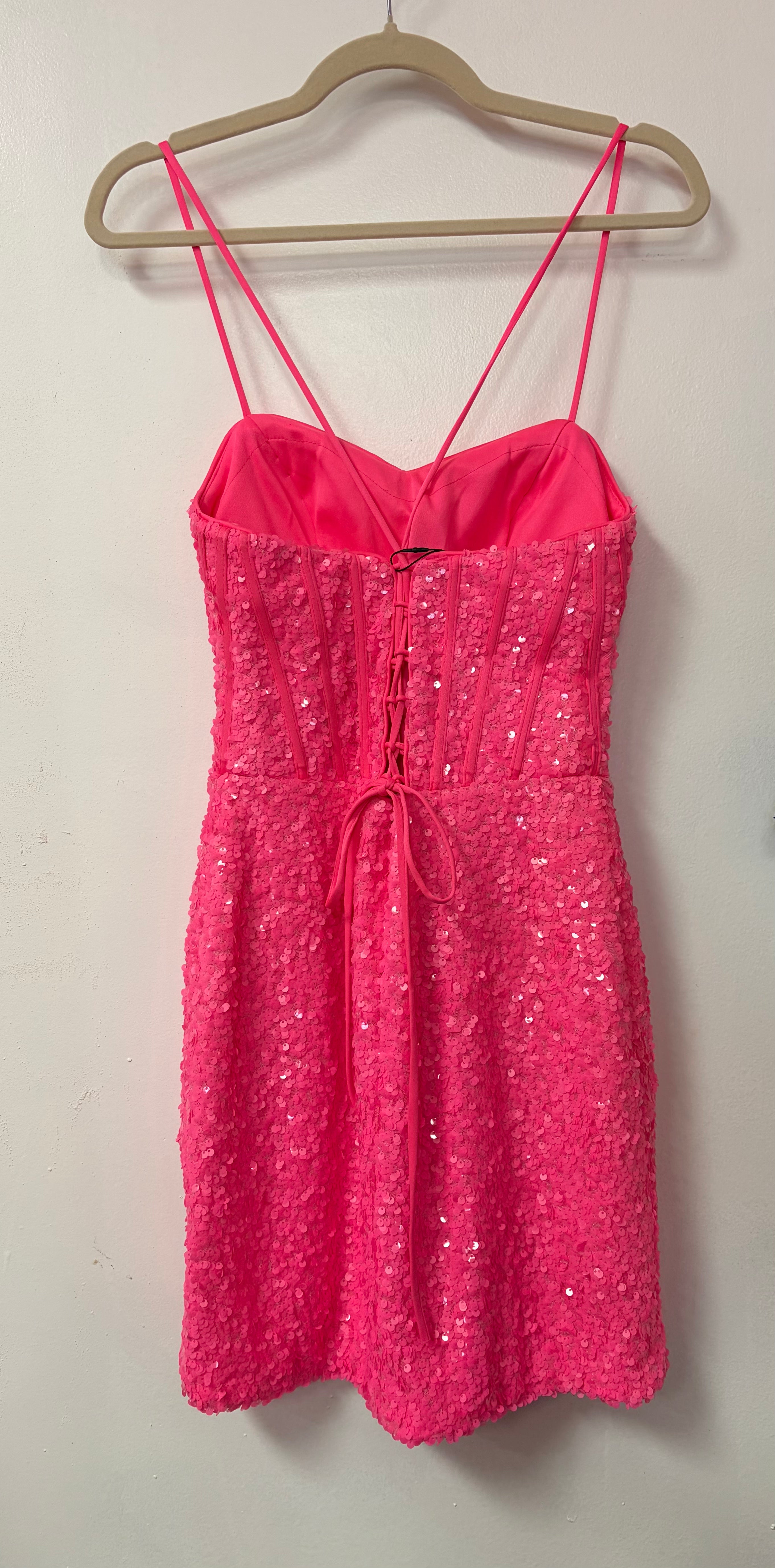 Colors 3022 Hot Pink Sequin Homecoming Dress with Corset Bodice and Tulip Hem Skirt