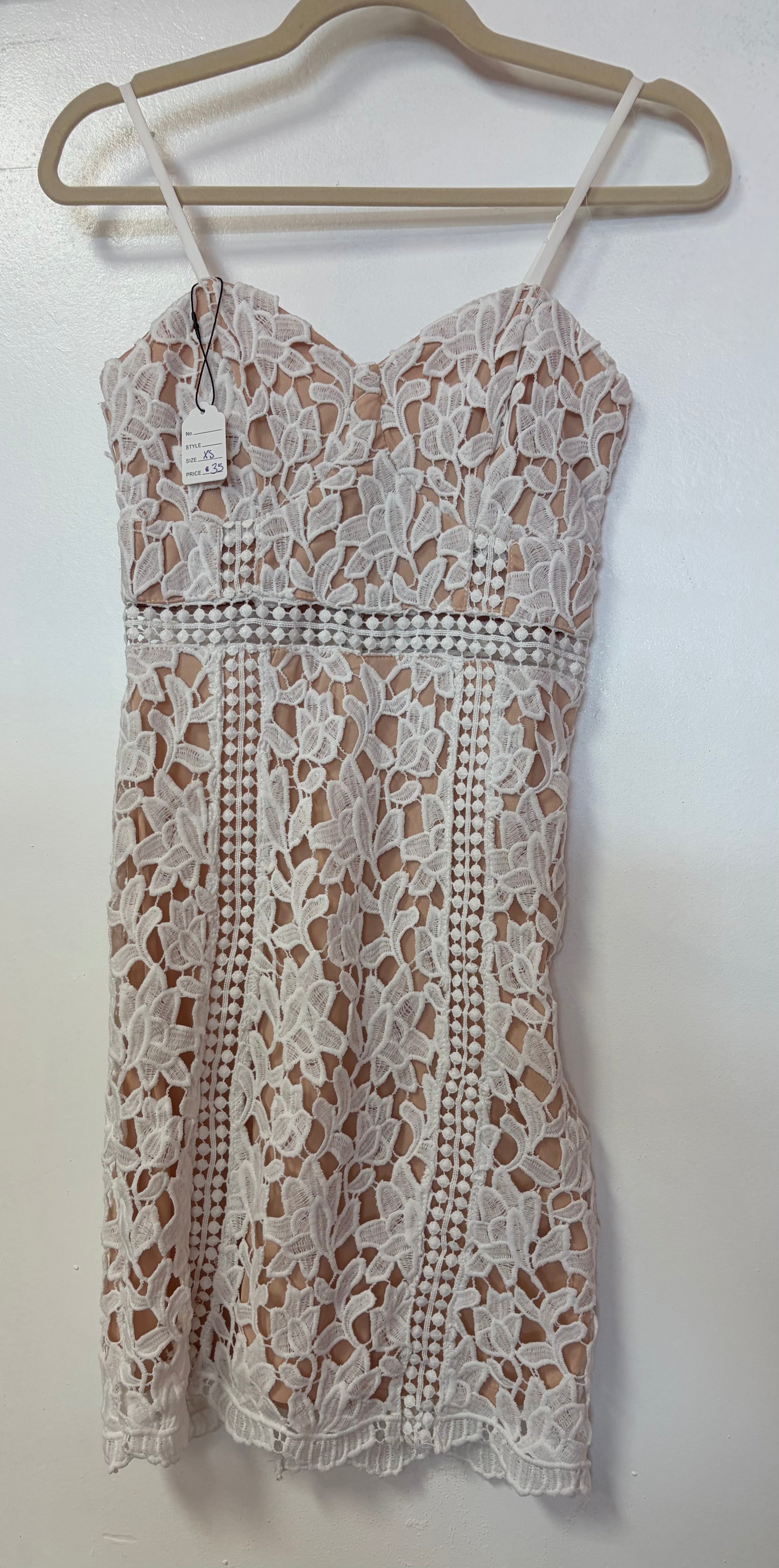 Ivory Floral Lace Bodycon Mini Dress with Nude Lining and Spaghetti Straps