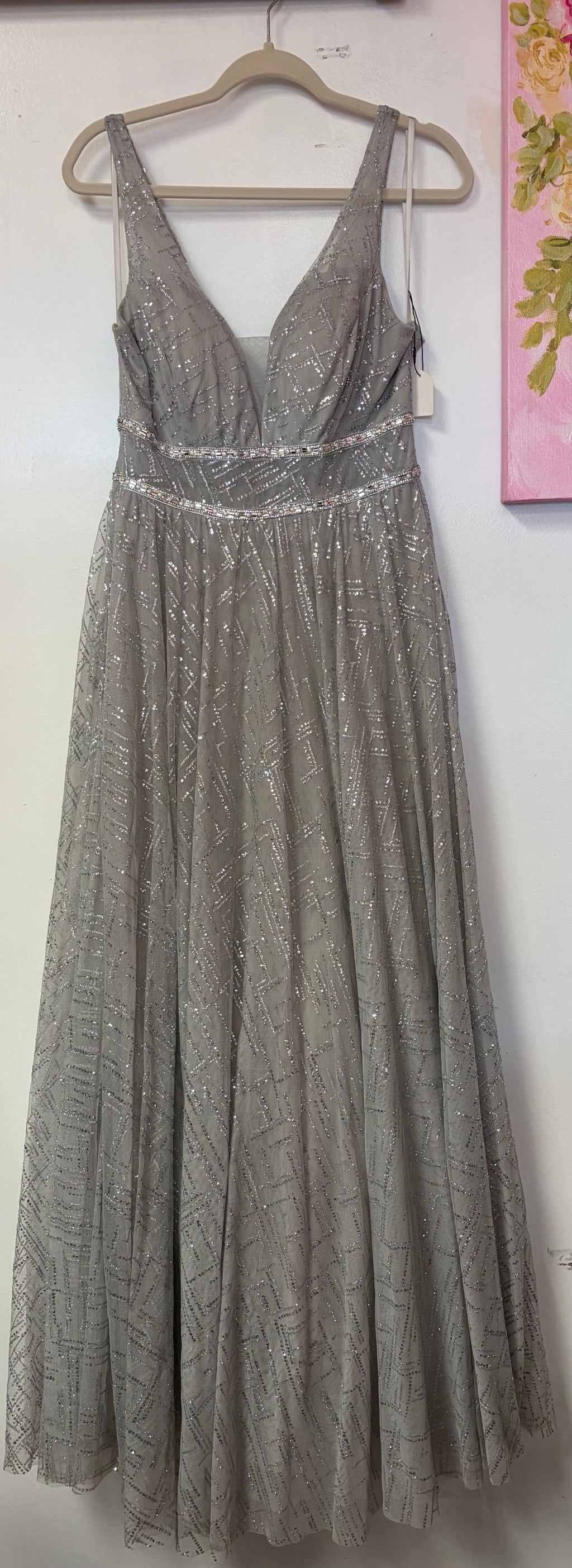 Silver Glitter Geometric A-Line Prom Gown with Rhinestone Waist