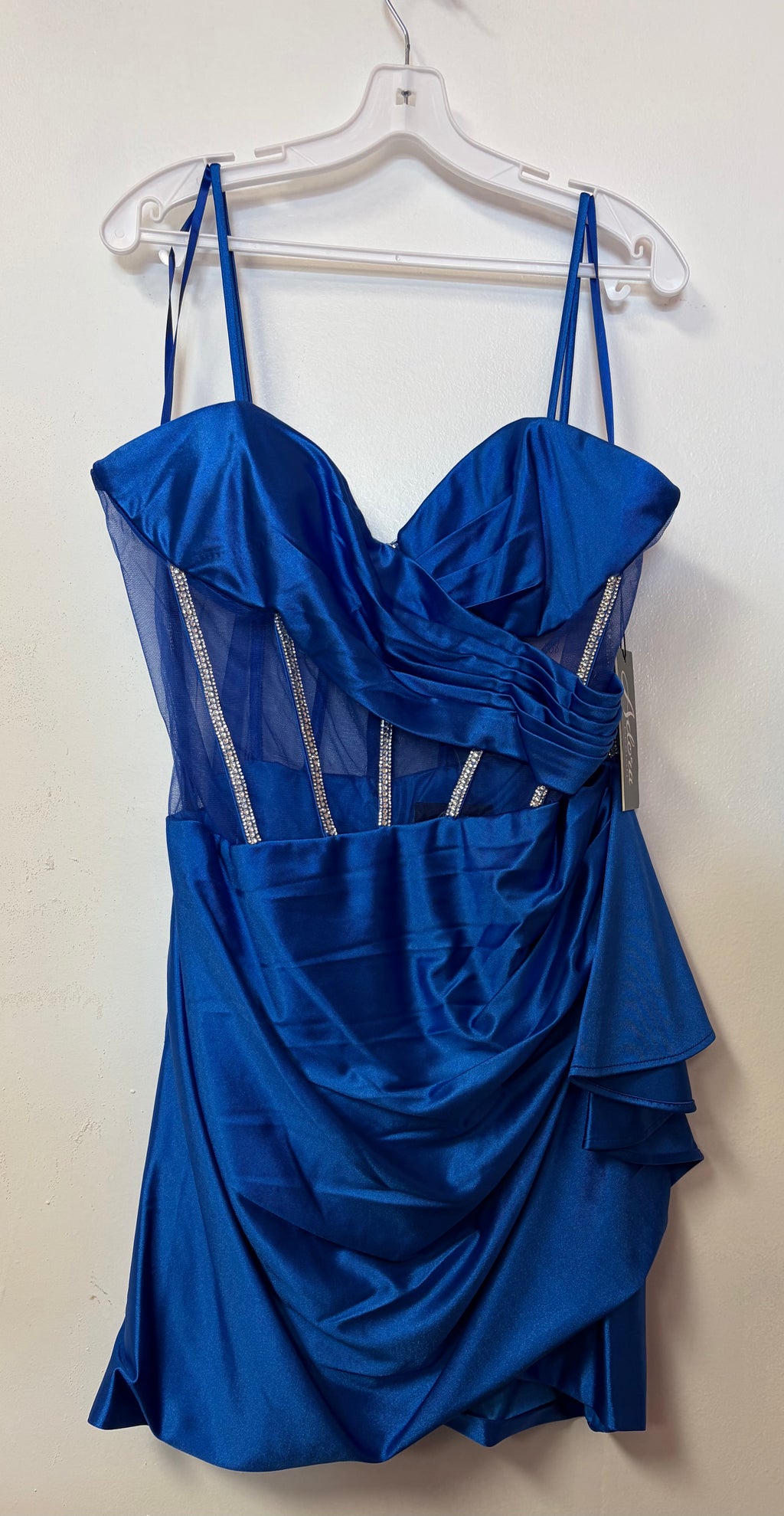 Adora 1064 Royal Blue Satin Corset Homecoming Dress with Rhinestone Boning and Draped Skirt