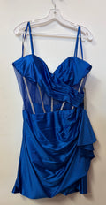 Adora 1064 Royal Blue Satin Corset Homecoming Dress with Rhinestone Boning and Draped Skirt