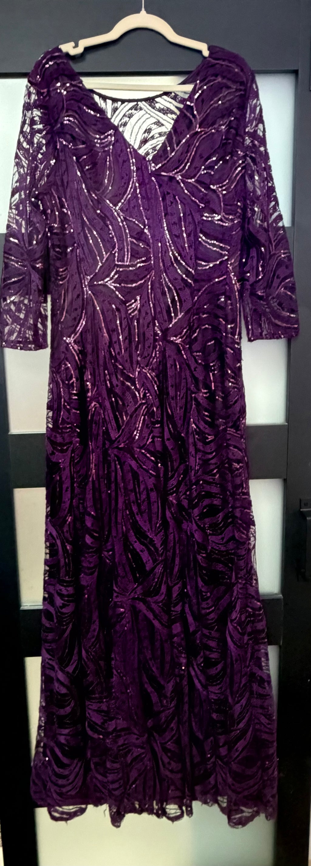 Tahari Plum Sequin Mesh Evening Gown