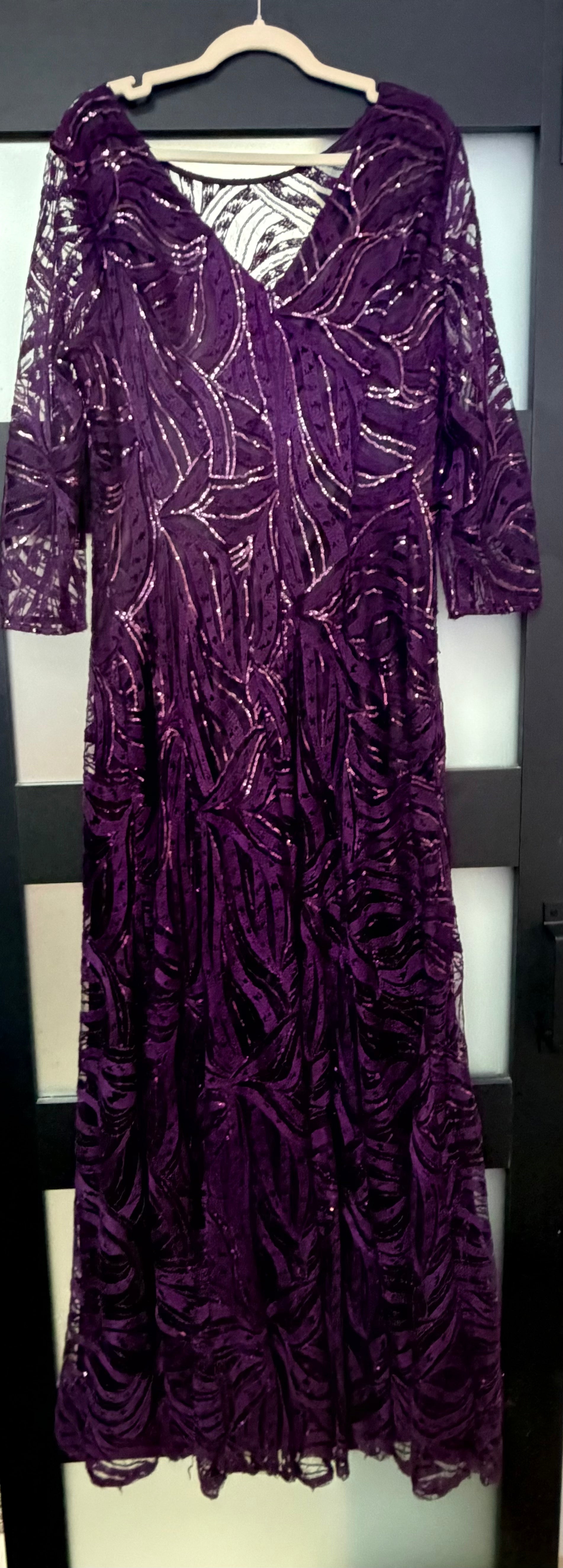 Tahari Plum Sequin Mesh Evening Gown