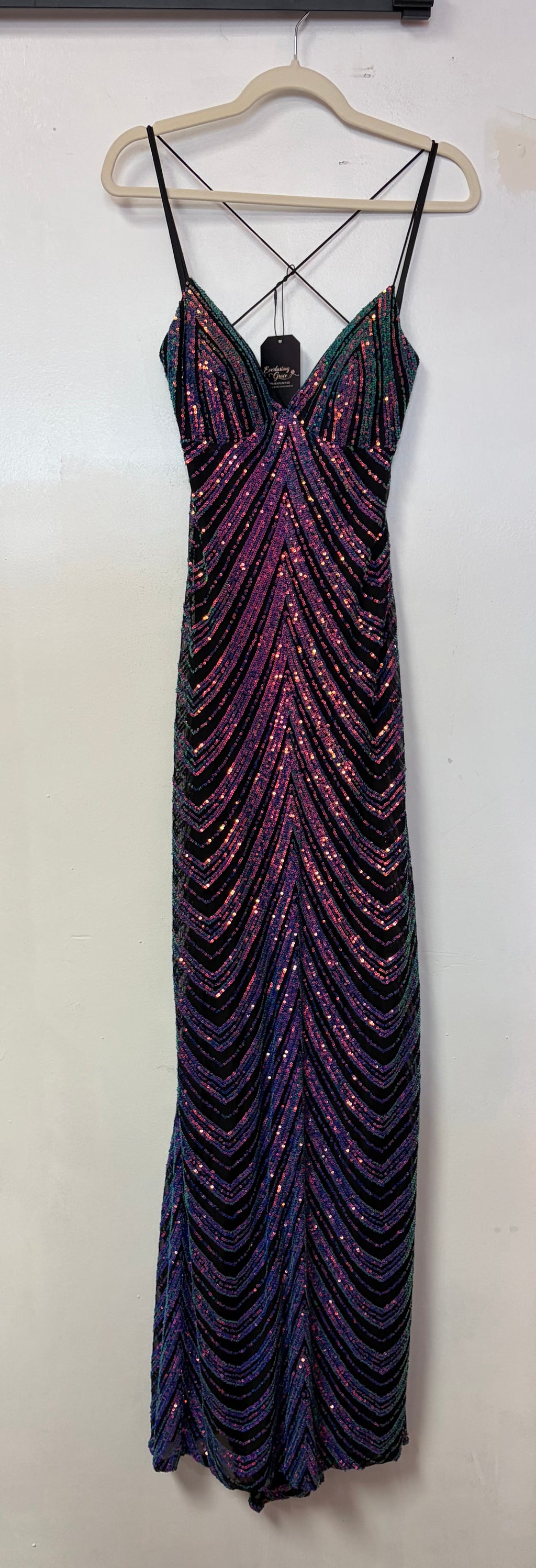 B Darlin Black Iridescent Sequin Mermaid Prom Gown with Open Back