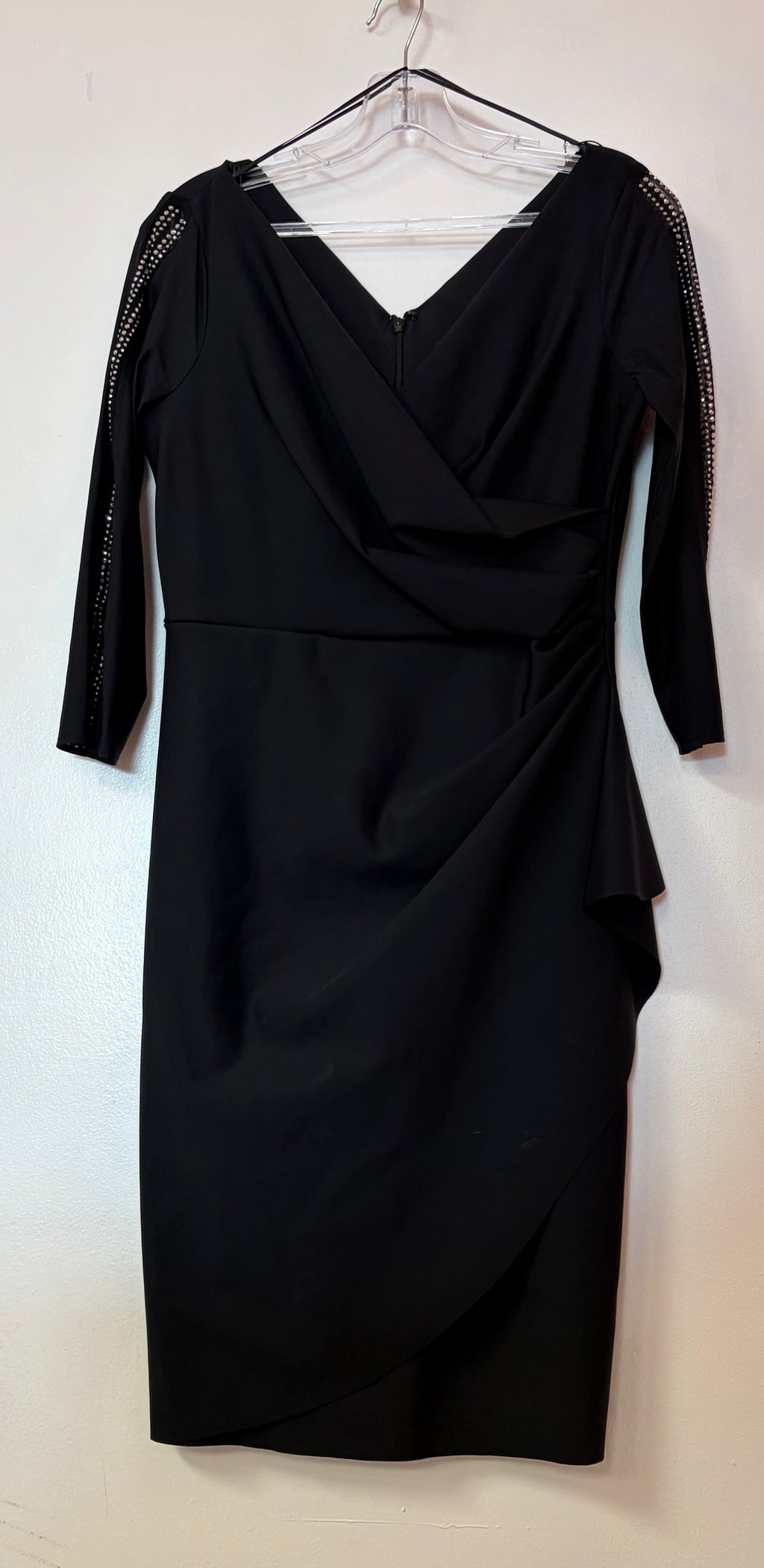 Alex Evenings 8134278 Black Embellished Surplice Sheath Dress with Rhinestone Sleeve Detail