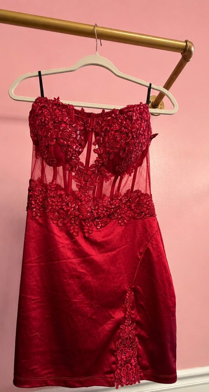 Windsor Burgundy Satin Corset Lace Appliqué Bodycon Mini Dress