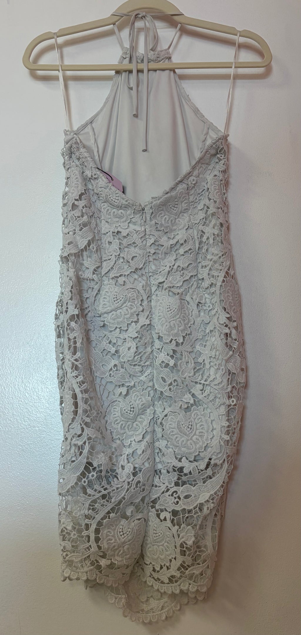 Express Ivory Lace Halter Sheath Dress with Crochet Lace Overlay