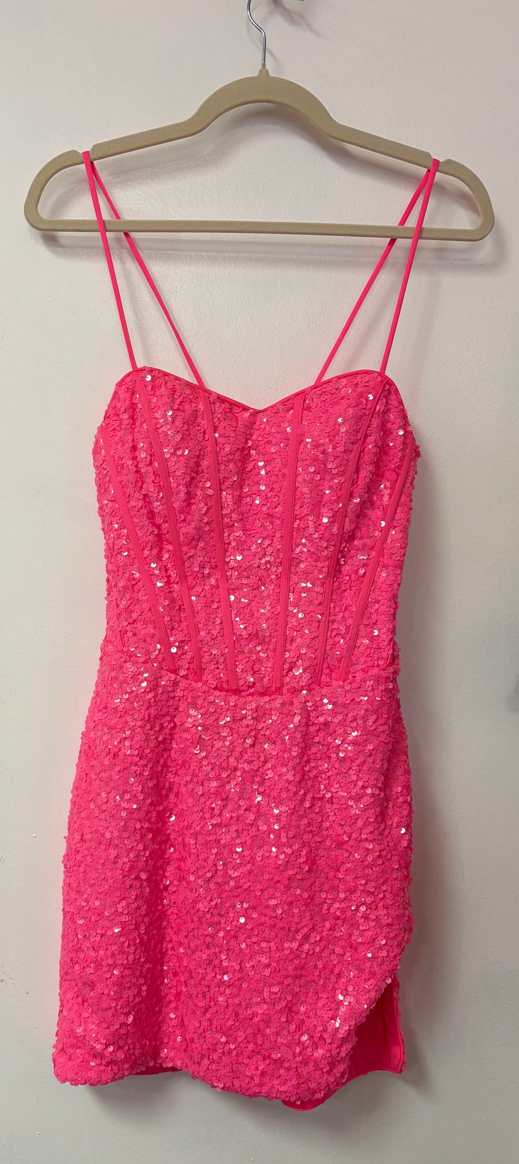 Colors 3022 Hot Pink Sequin Homecoming Dress with Corset Bodice and Tulip Hem Skirt