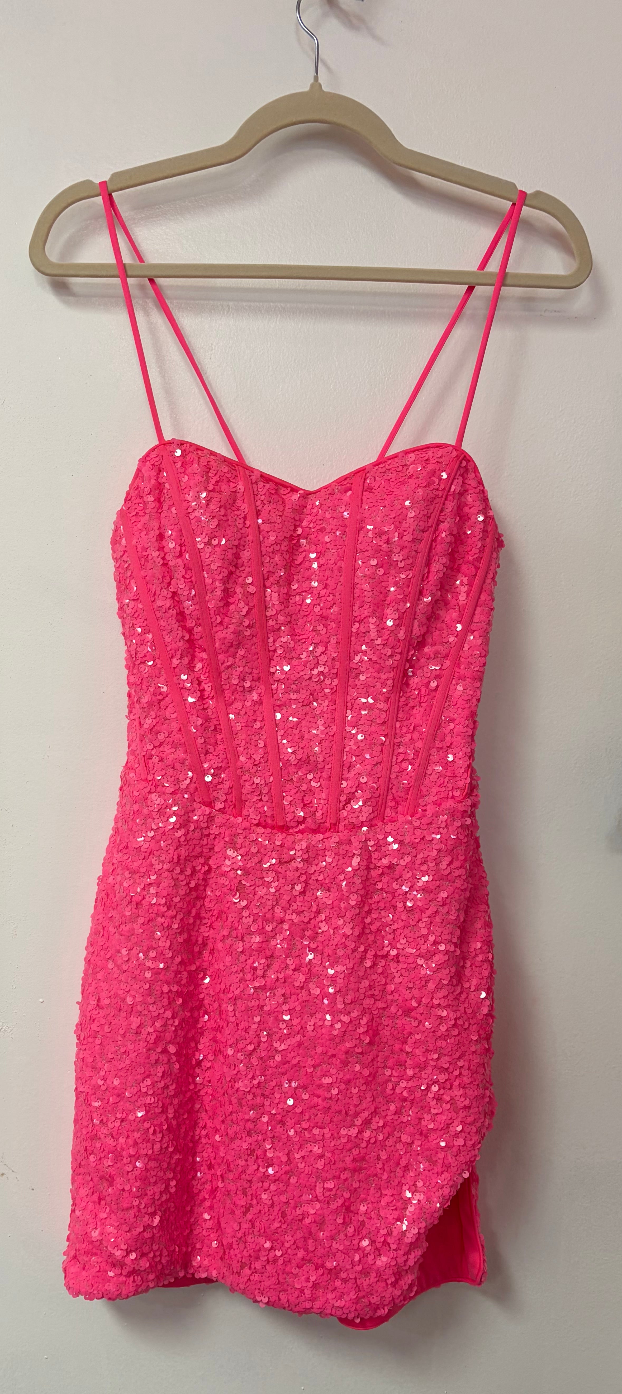 Colors 3022 Hot Pink Sequin Homecoming Dress with Corset Bodice and Tulip Hem Skirt