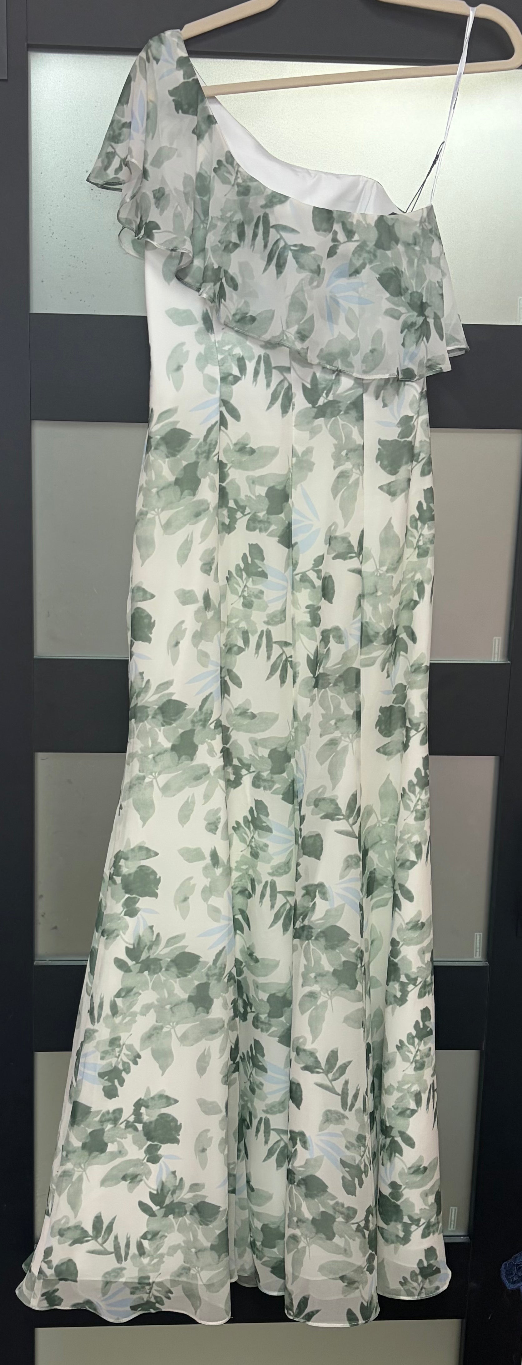 AW Bridal Sage Green Floral One-Shoulder Chiffon Bridesmaid Gown with Ruffle Overlay