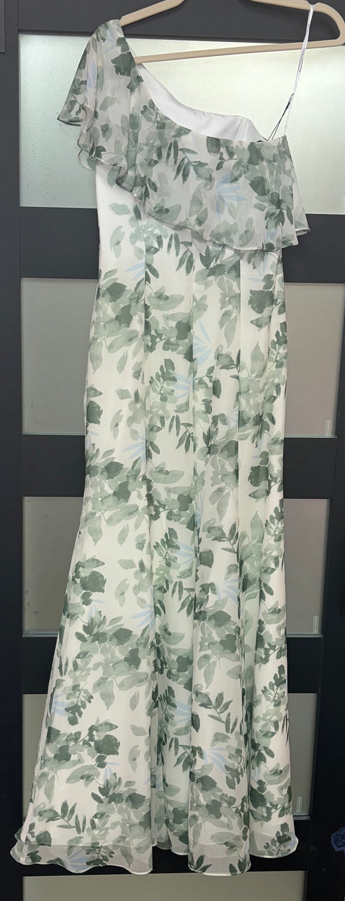 AW Bridal Sage Green Floral One-Shoulder Chiffon Bridesmaid Gown with Ruffle Overlay