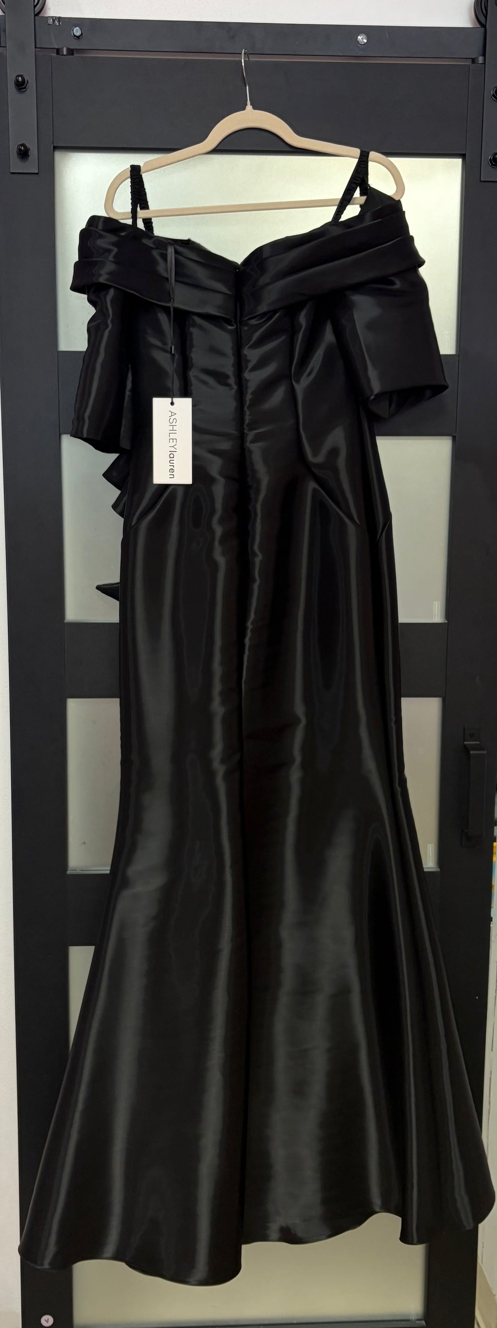 Ashley Lauren 11324 Black Off-the-Shoulder Satin Mermaid Evening Gown with Statement Ruffle
