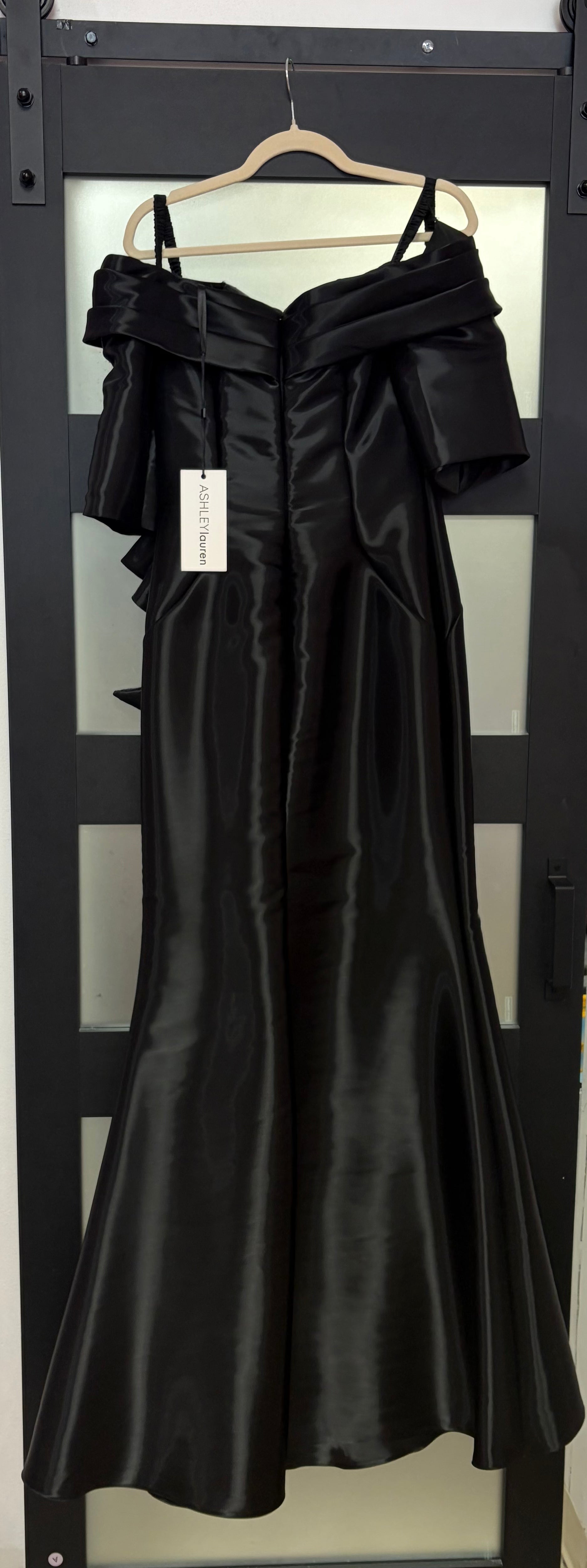 Ashley Lauren 11324 Black Off-the-Shoulder Satin Mermaid Evening Gown with Statement Ruffle