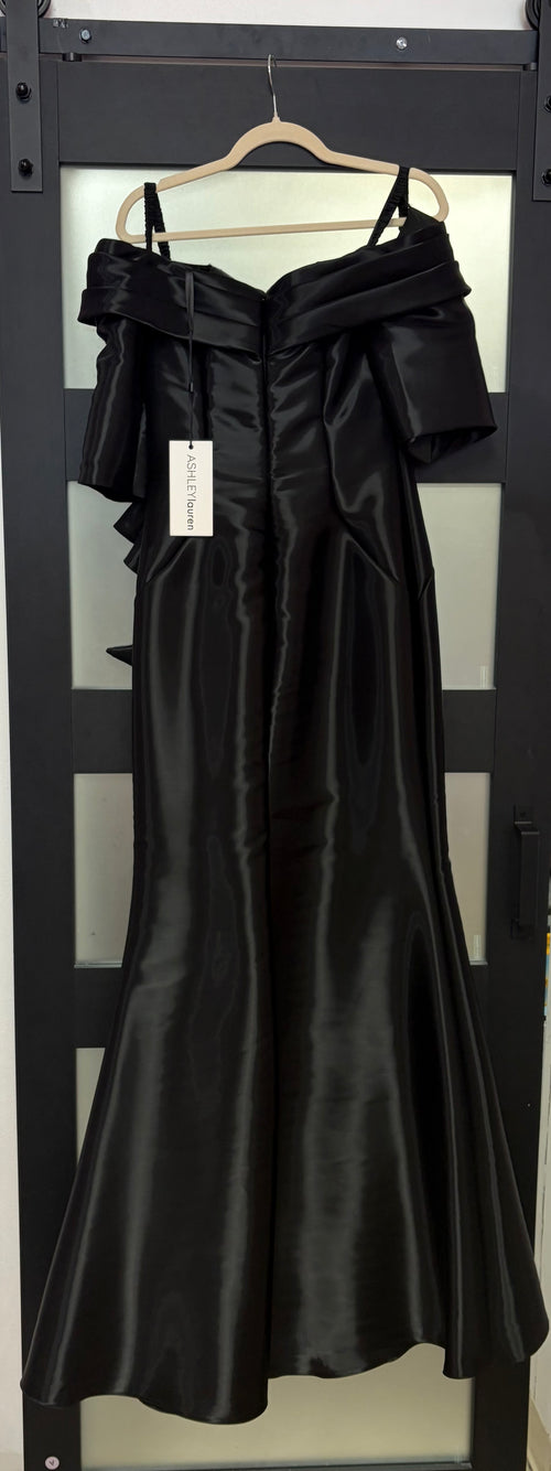 Ashley Lauren 11324 Black Off-the-Shoulder Satin Mermaid Evening Gown with Statement Ruffle