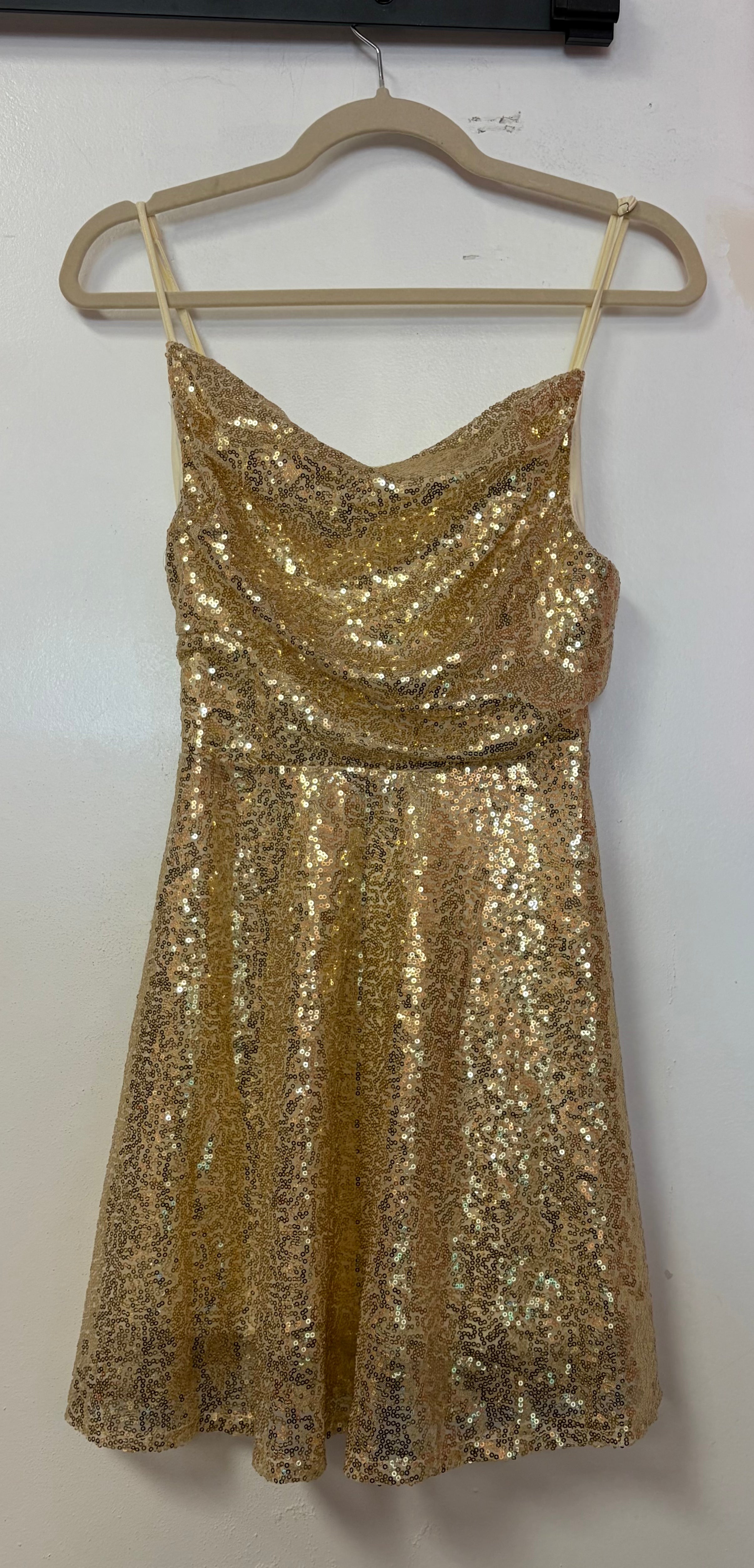 Gold Sequin Lace-Up Back A-Line Formal Dress