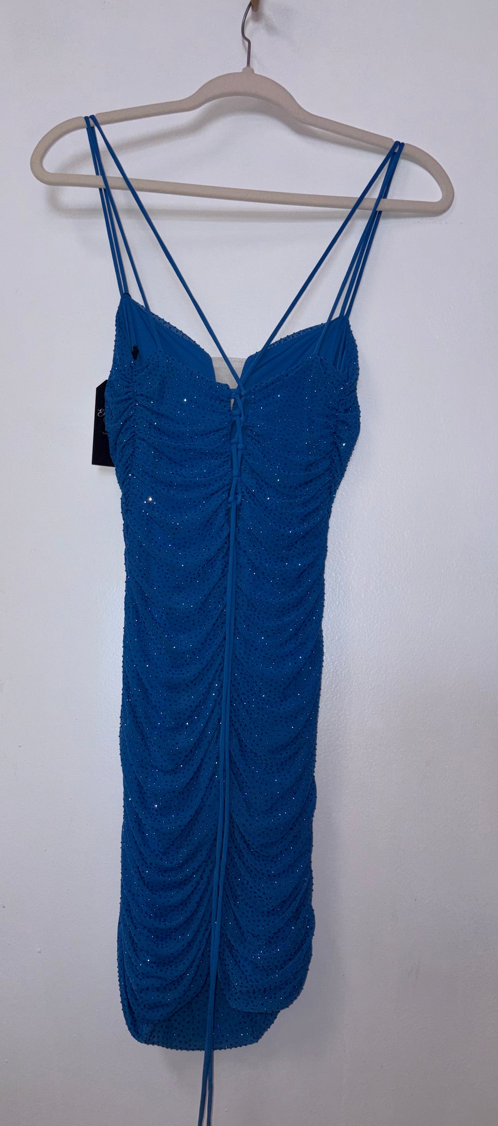 Alyce Paris Ocean Blue Rhinestone Ruched Midi Dress