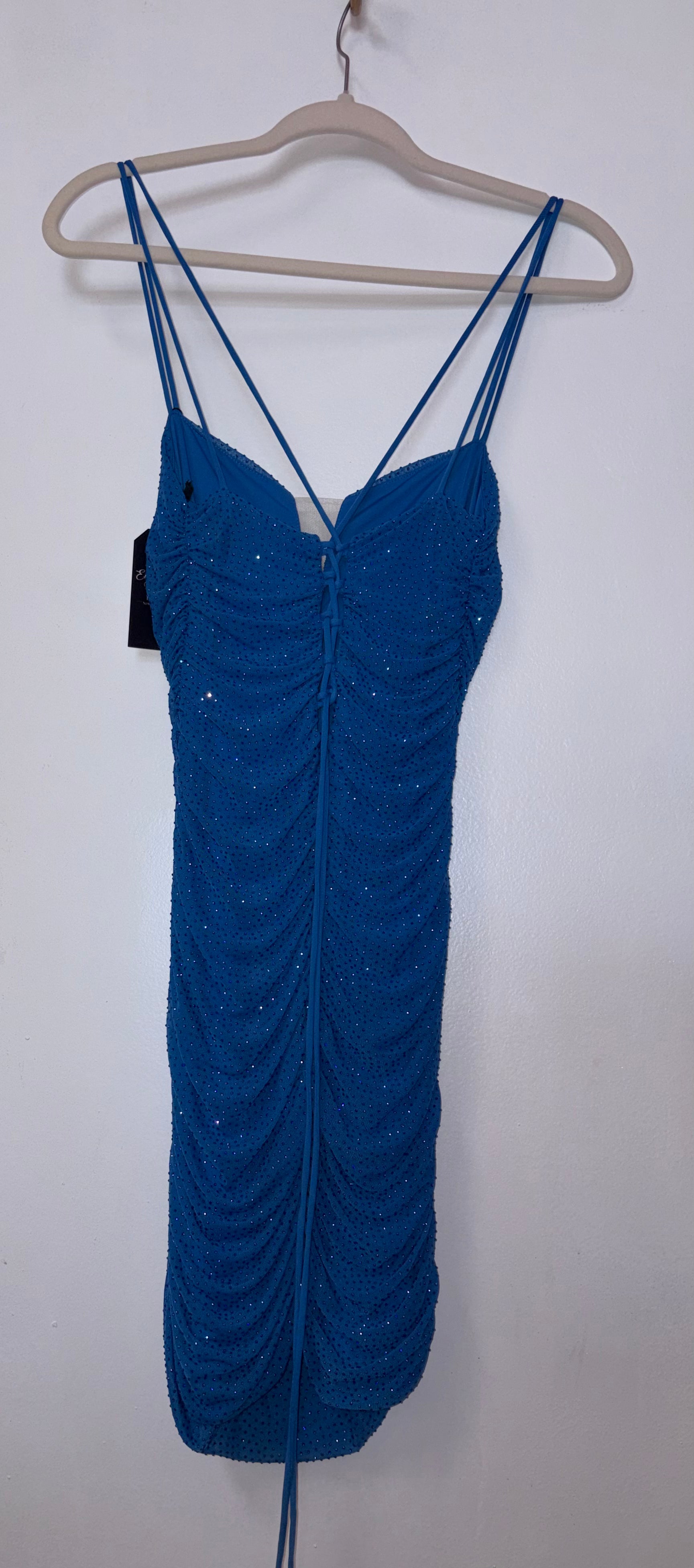 Alyce Paris Ocean Blue Rhinestone Ruched Midi Dress