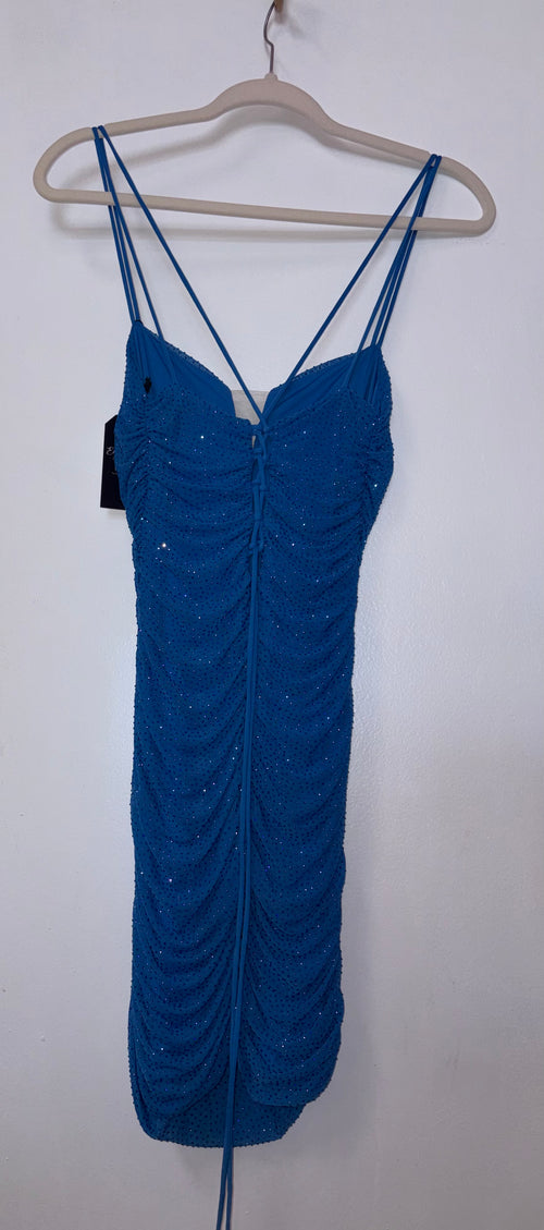 Alyce Paris Ocean Blue Rhinestone Ruched Midi Dress