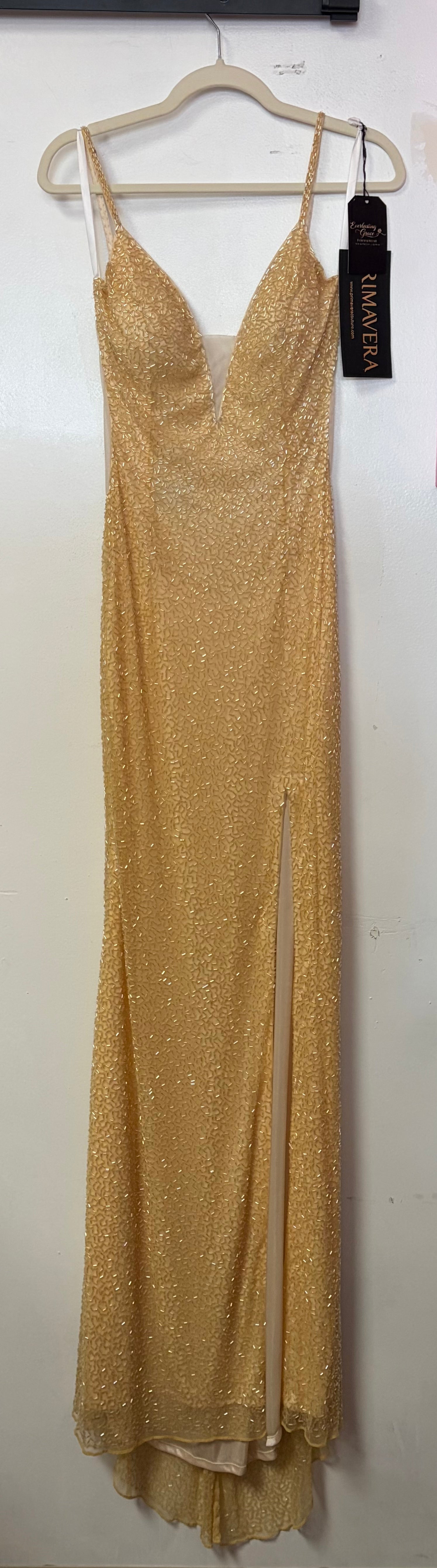Primavera Couture 3207 Yellow Beaded V-Neck Evening Gown with High Slit
