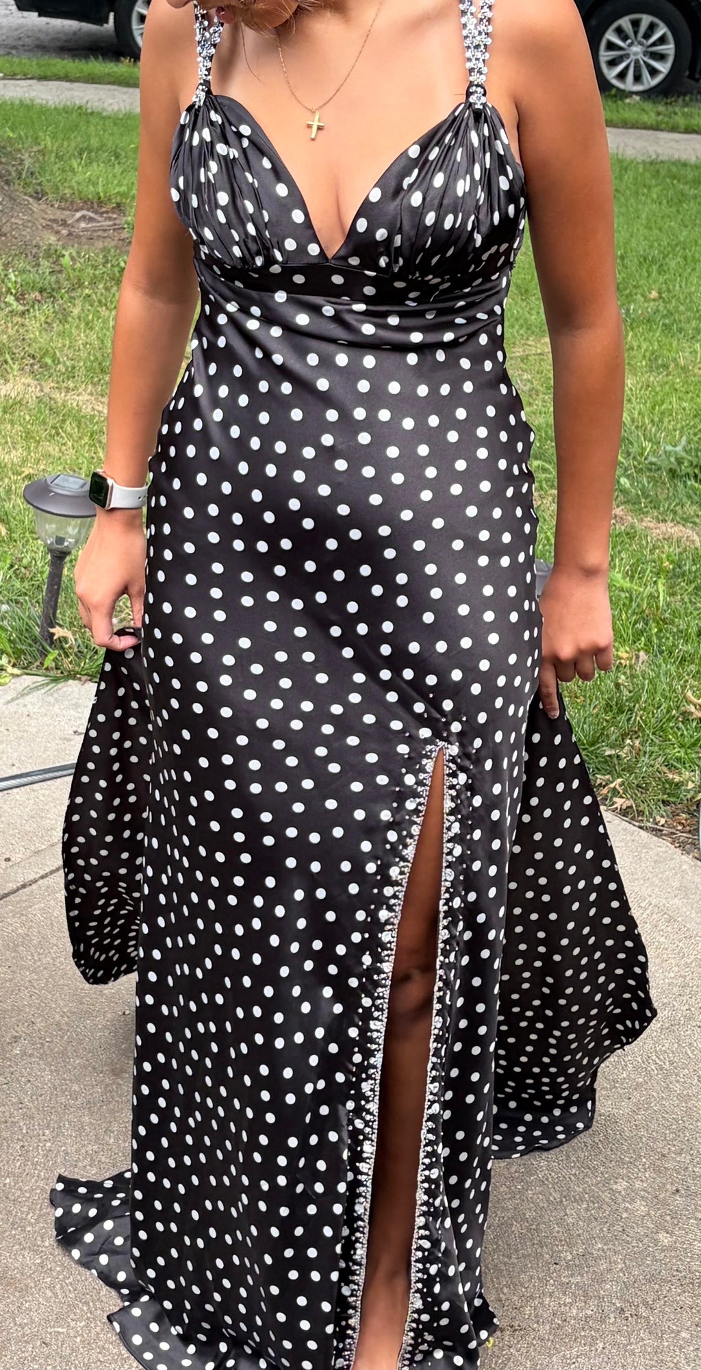 Morilee 7251 Black & White Polka Dot Sleeveless A-Line Formal Gown with Front Slit