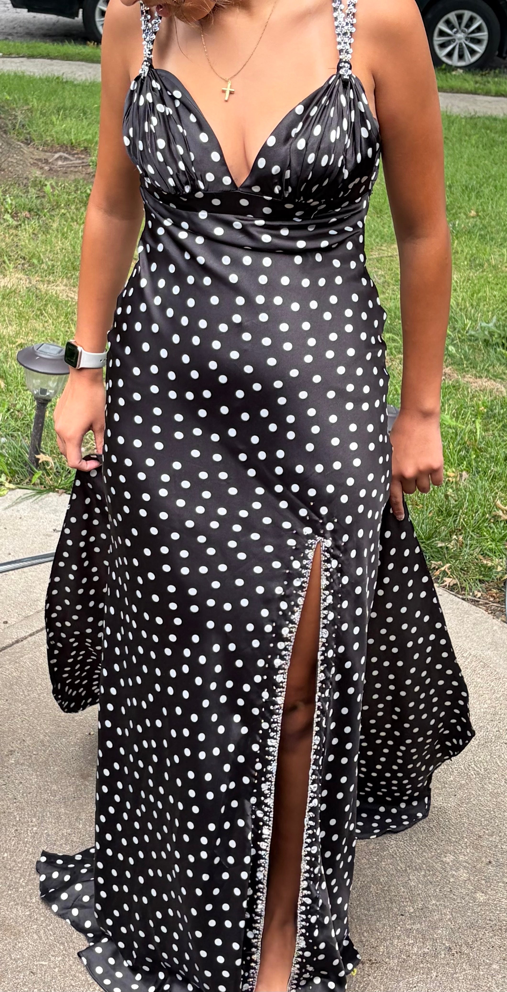 Morilee 7251 Black & White Polka Dot Sleeveless A-Line Formal Gown with Front Slit