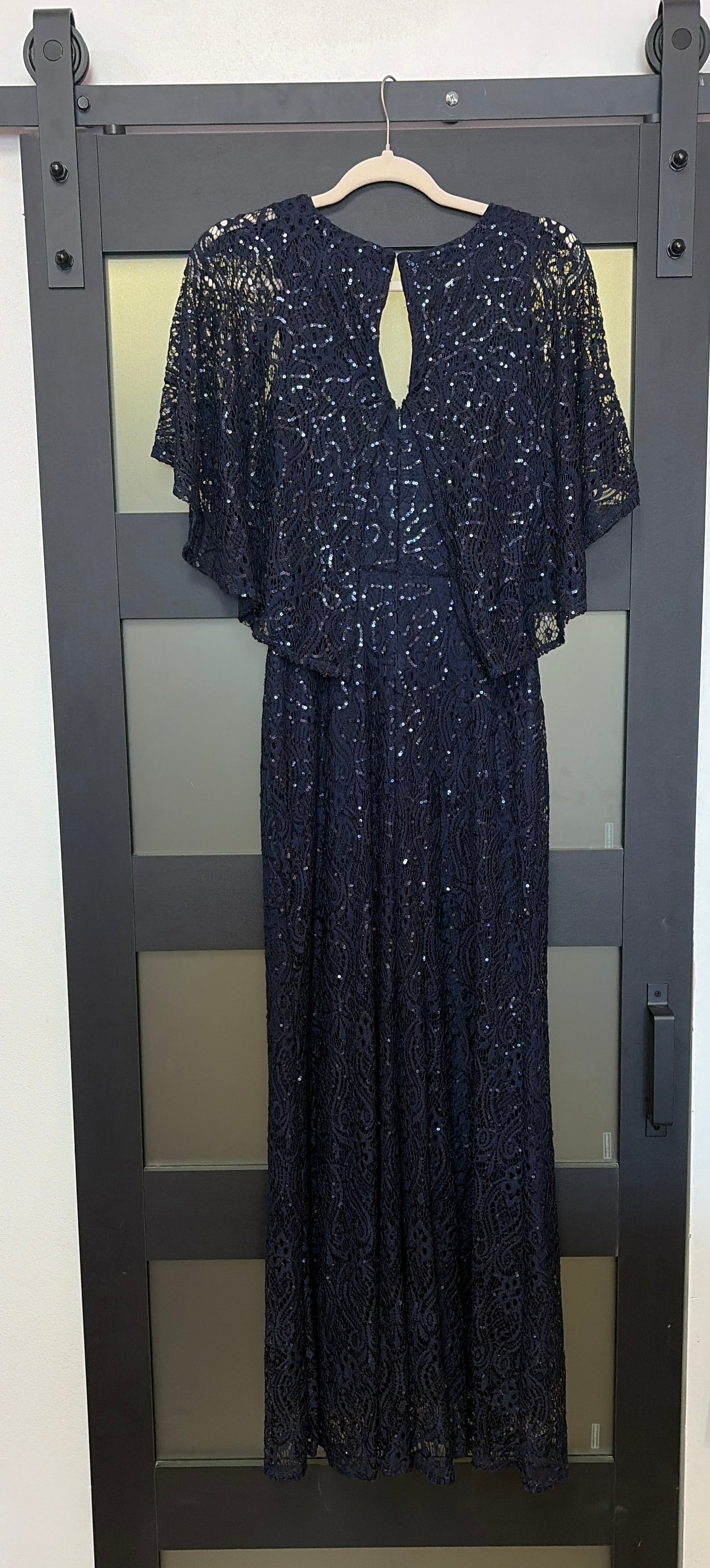 Marina Navy Sequin Cape Sleeve Evening Gown