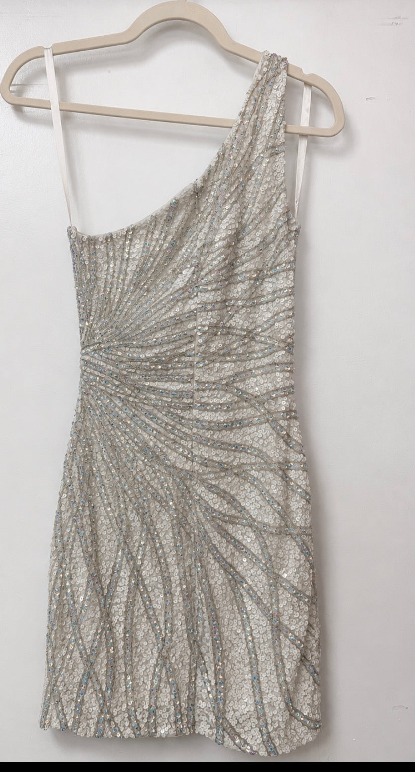 Primavera 4021 Ivory Iridescent Sequin One-Shoulder Homecoming Dress