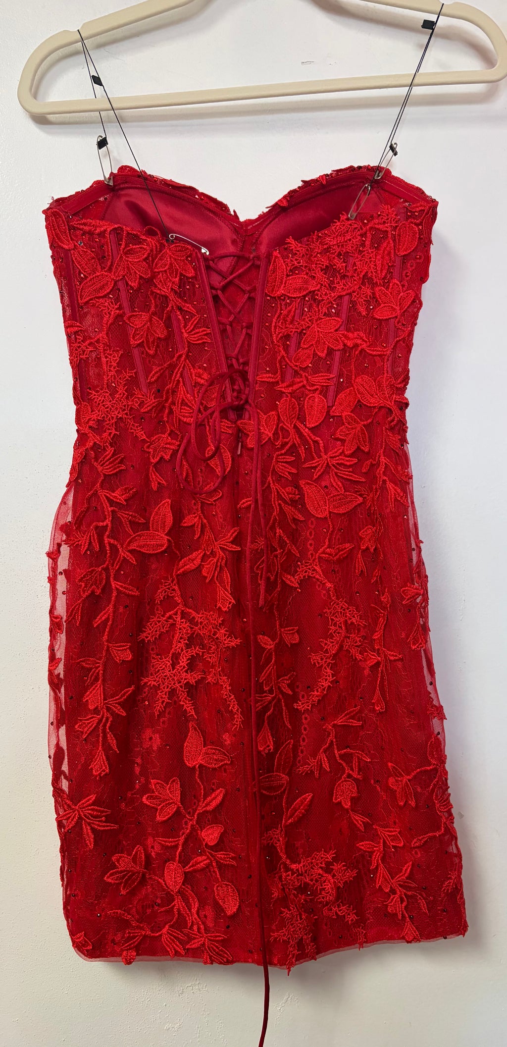 Amelia Couture 7053S Red Strapless Lace Mini Dress