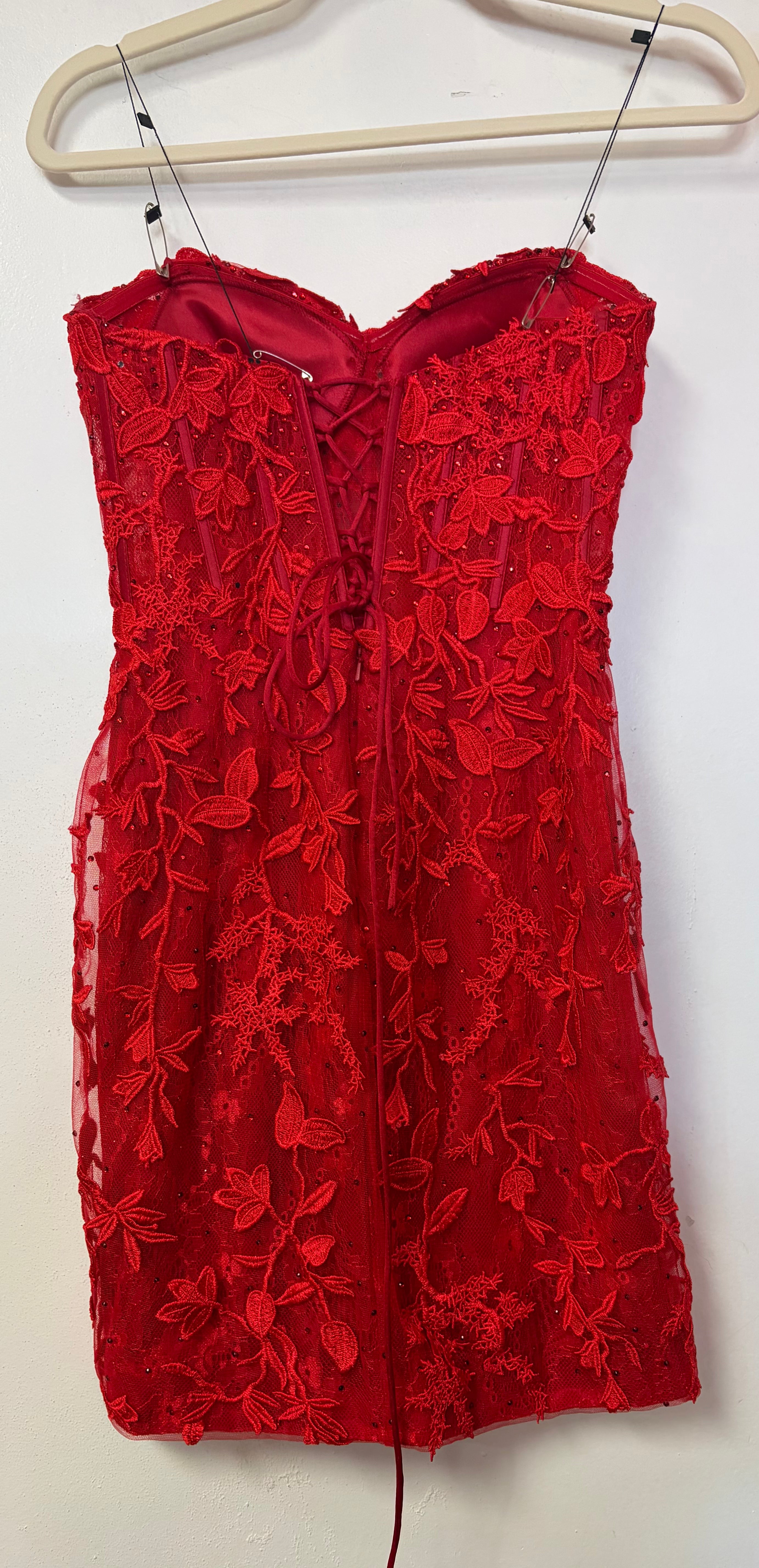 Amelia Couture 7053S Red Strapless Lace Mini Dress