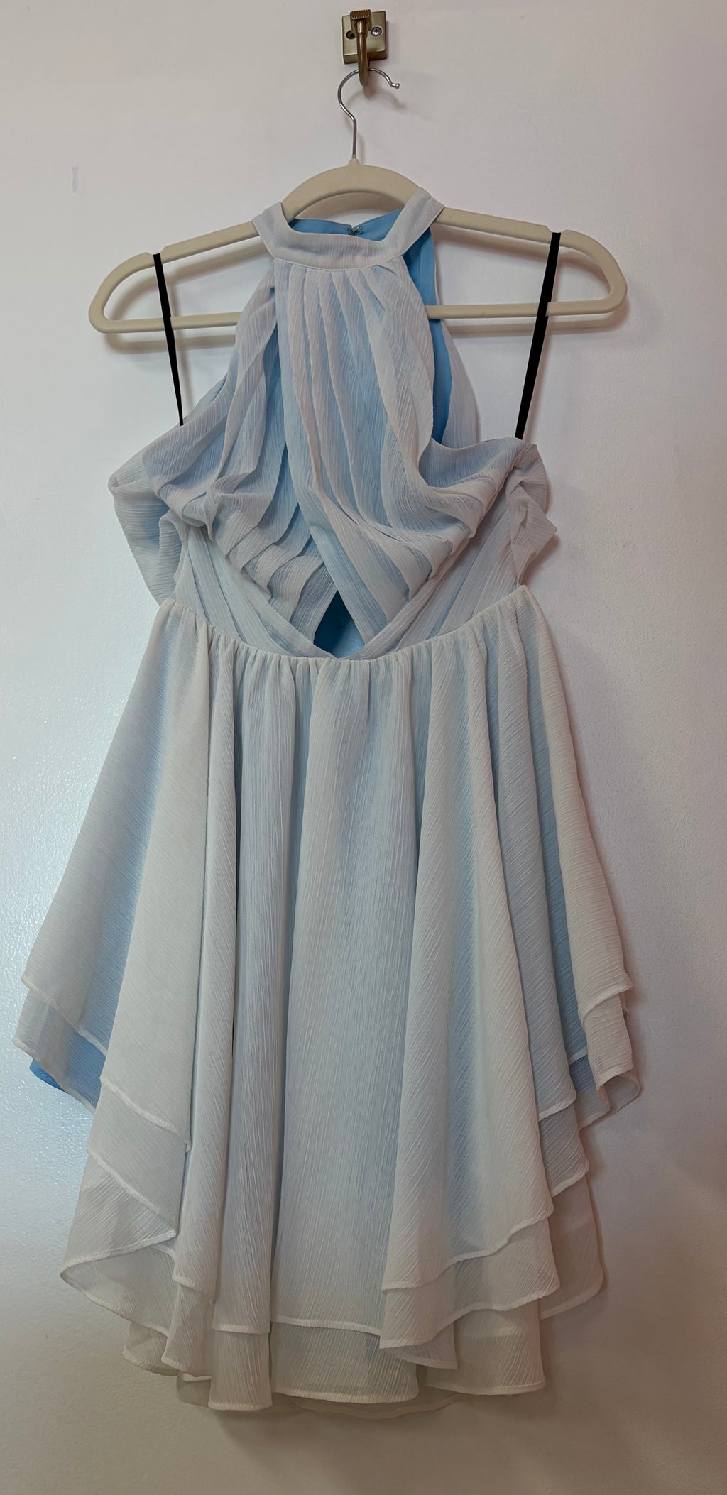 Michael Costello x REVOLVE White Halter Mini Dress with Open Back and Powder Blue Lining