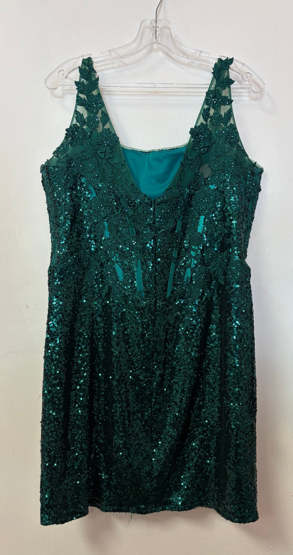 Jonathan Kayne for Sydney’s Closet JK2503 Emerald Sequin Cocktail Dress with Corset Bodice and Glitter Finish