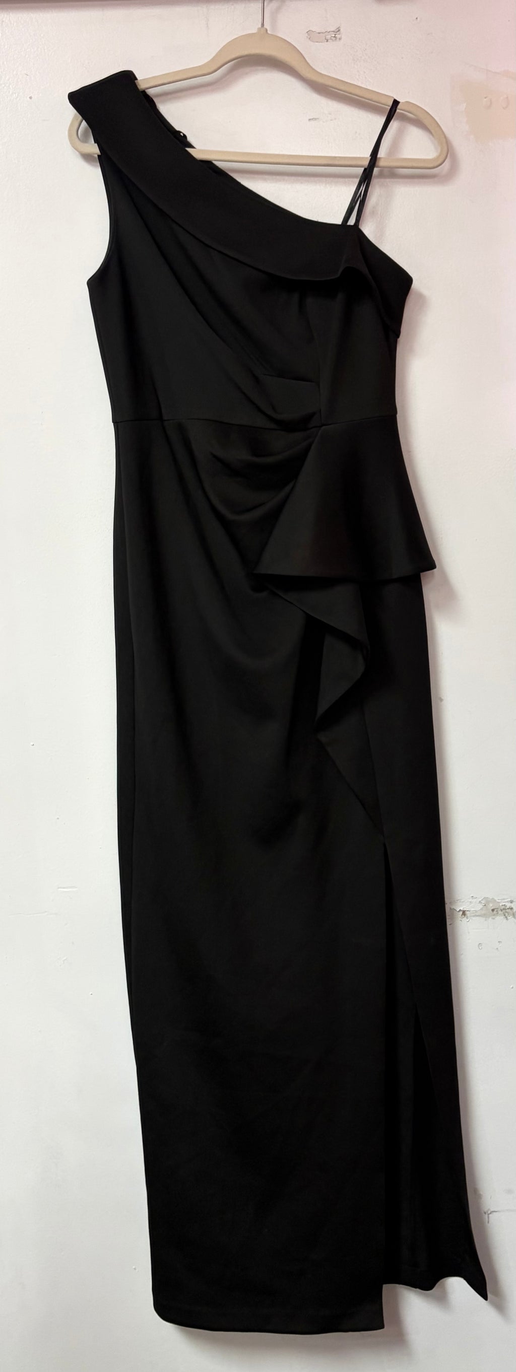 Eliza J Black One-Shoulder Gown with Cascading Ruffle