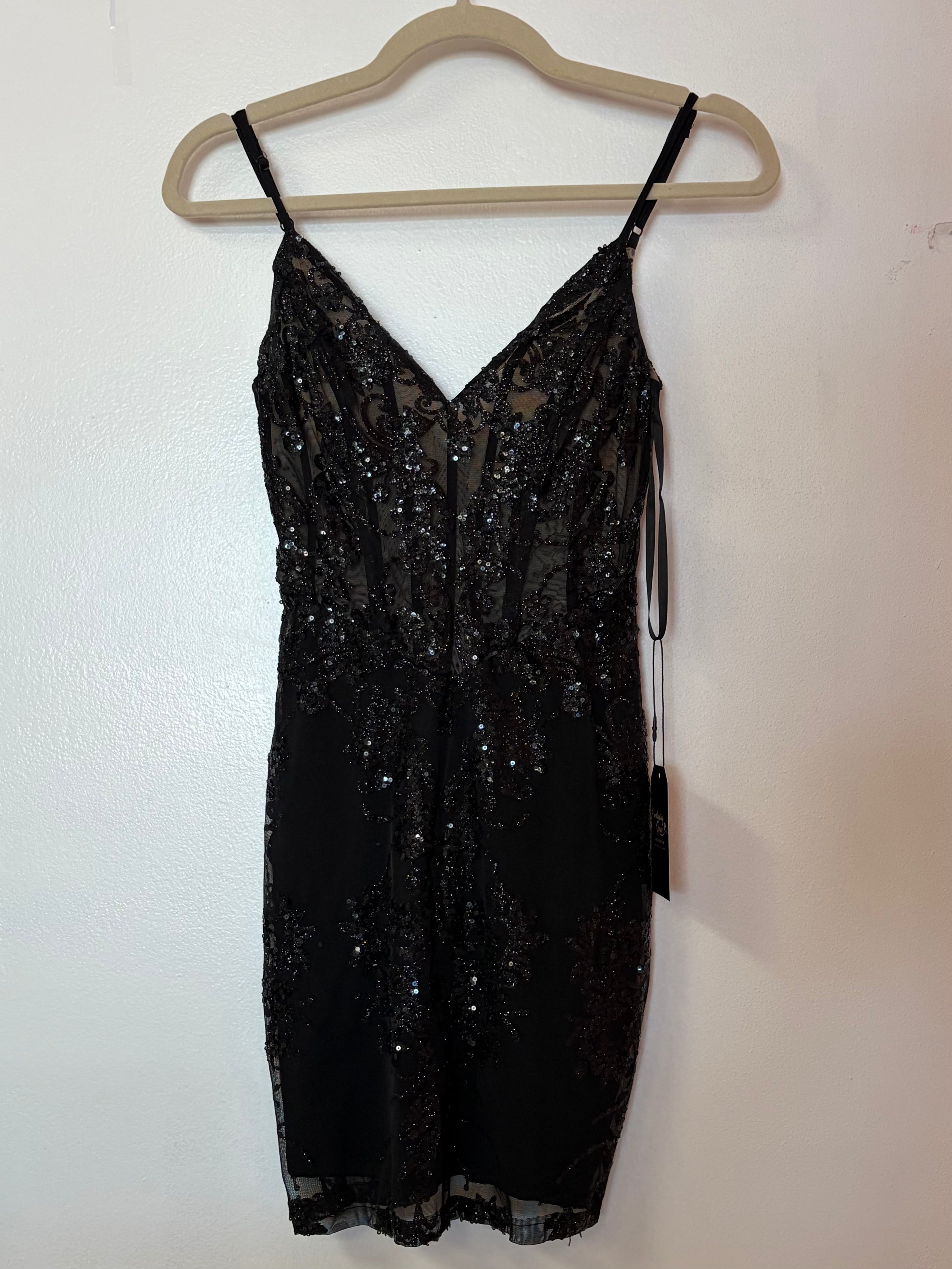 Windsor Black Beaded Illusion Corset Mini Dress