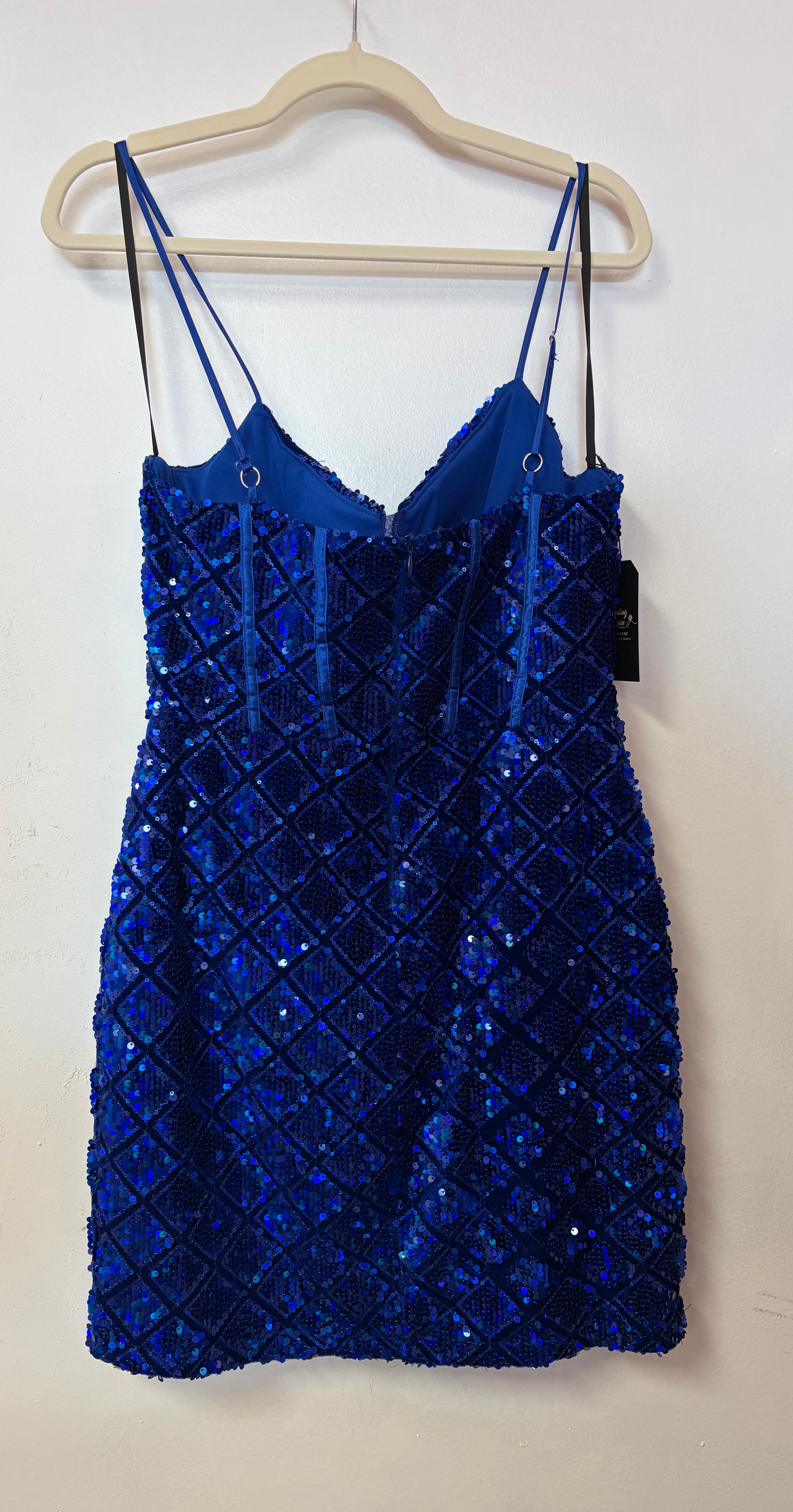 Royal Blue Sequin Corset Homecoming Dress with Geometric Glitter Pattern