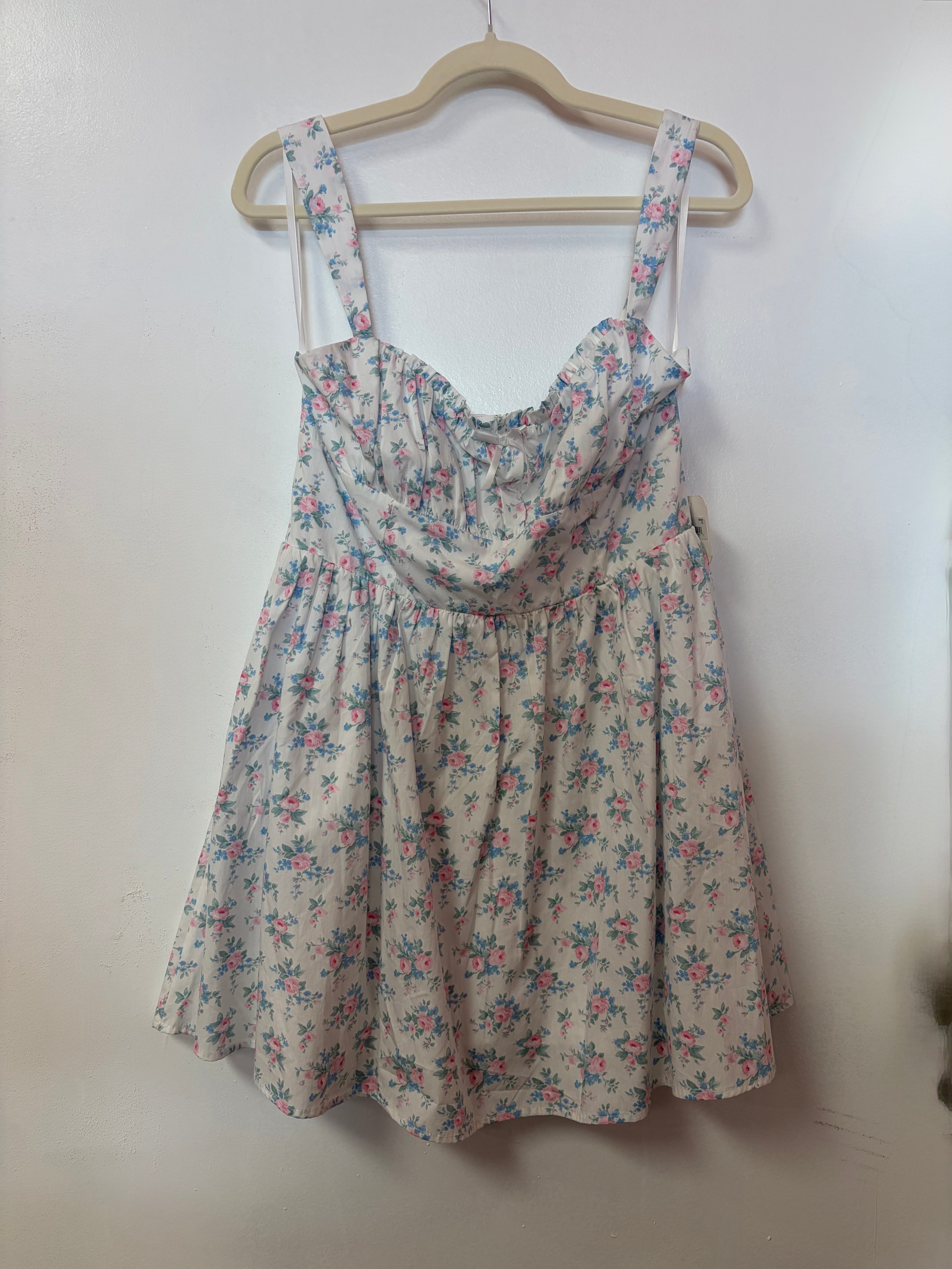 Altar’d State Ivory Floral Cottagecore Mini Dress with Draped Bust and Wide Straps