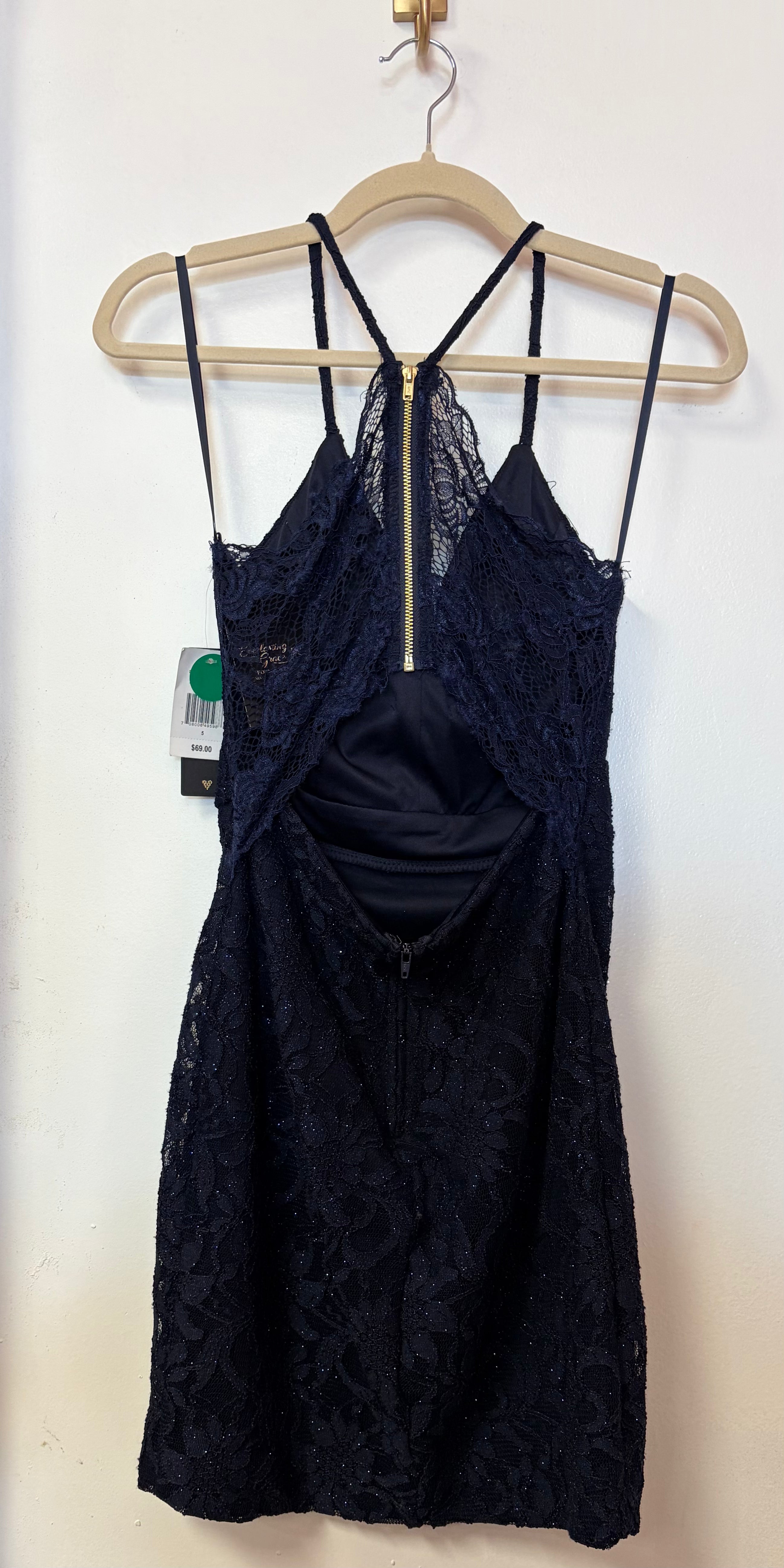 City Triangles Navy Blue Lace Open Back Homecoming Dress