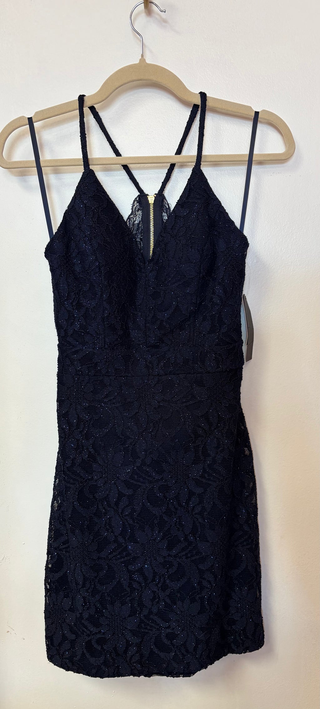 City Triangles Navy Blue Lace Open Back Homecoming Dress