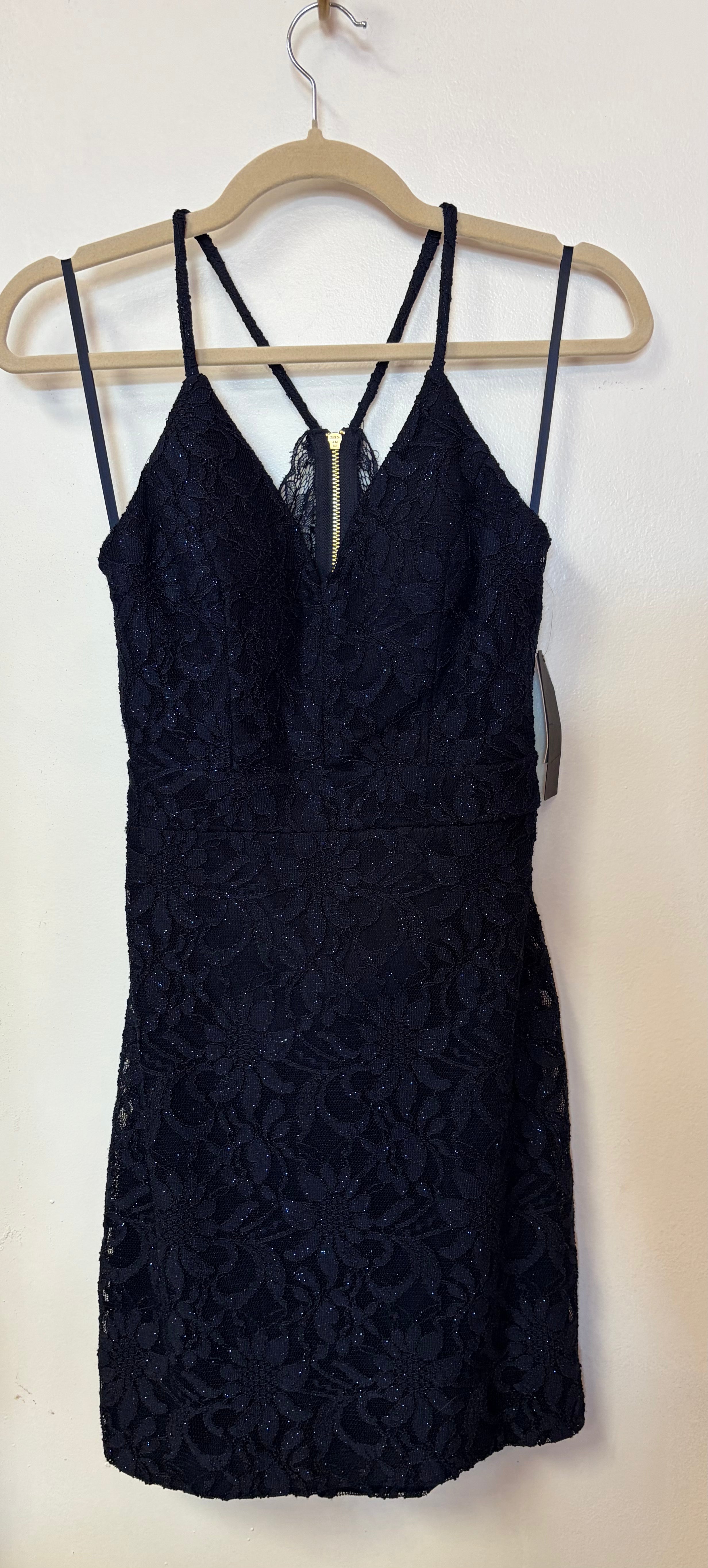 City Triangles Navy Blue Lace Open Back Homecoming Dress