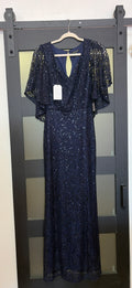 Marina Navy Sequin Cape Sleeve Evening Gown