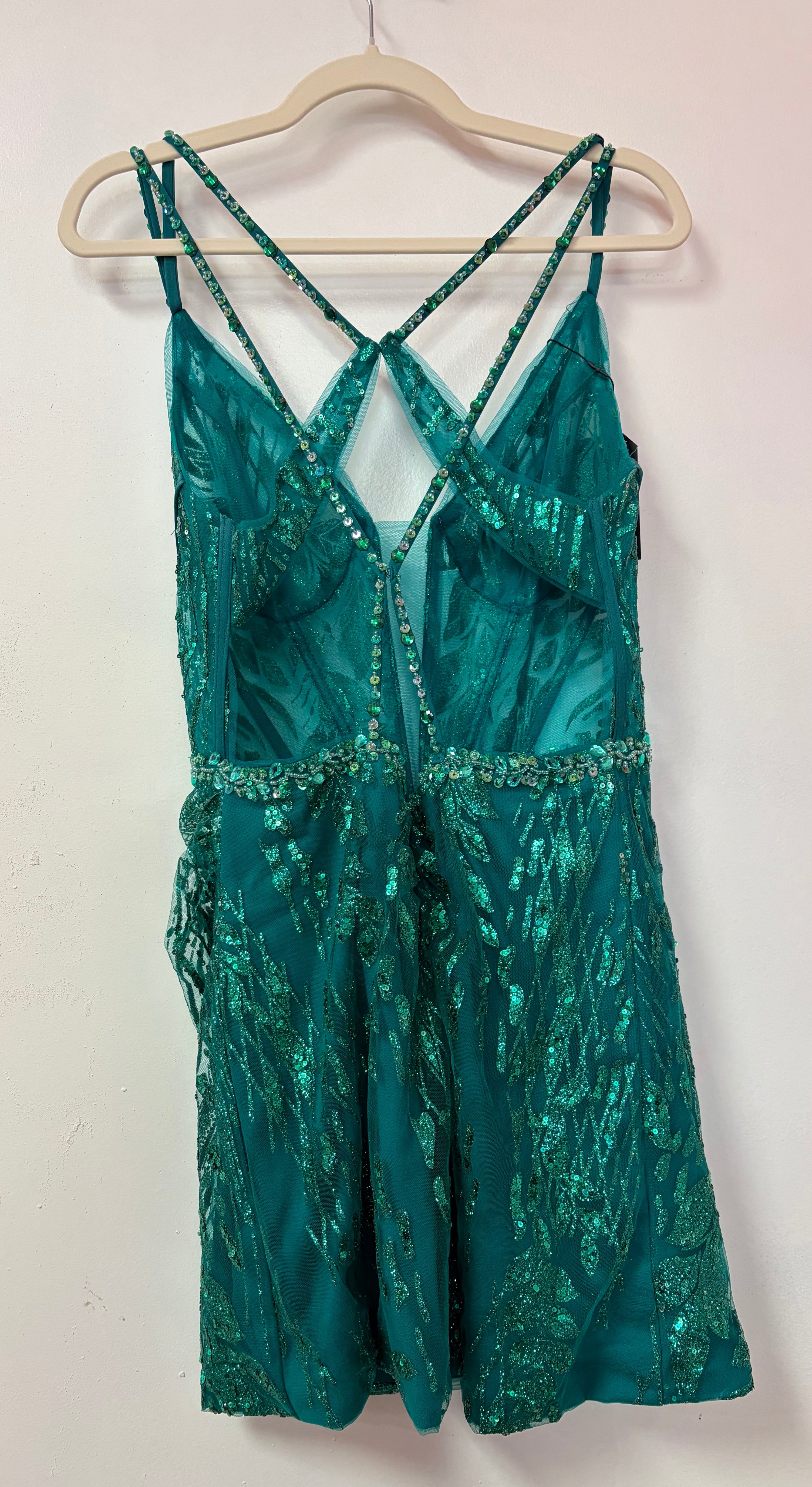 Zapaka Emerald Green Glitter Homecoming Dress with Illusion Corset Bodice and Beaded Waist