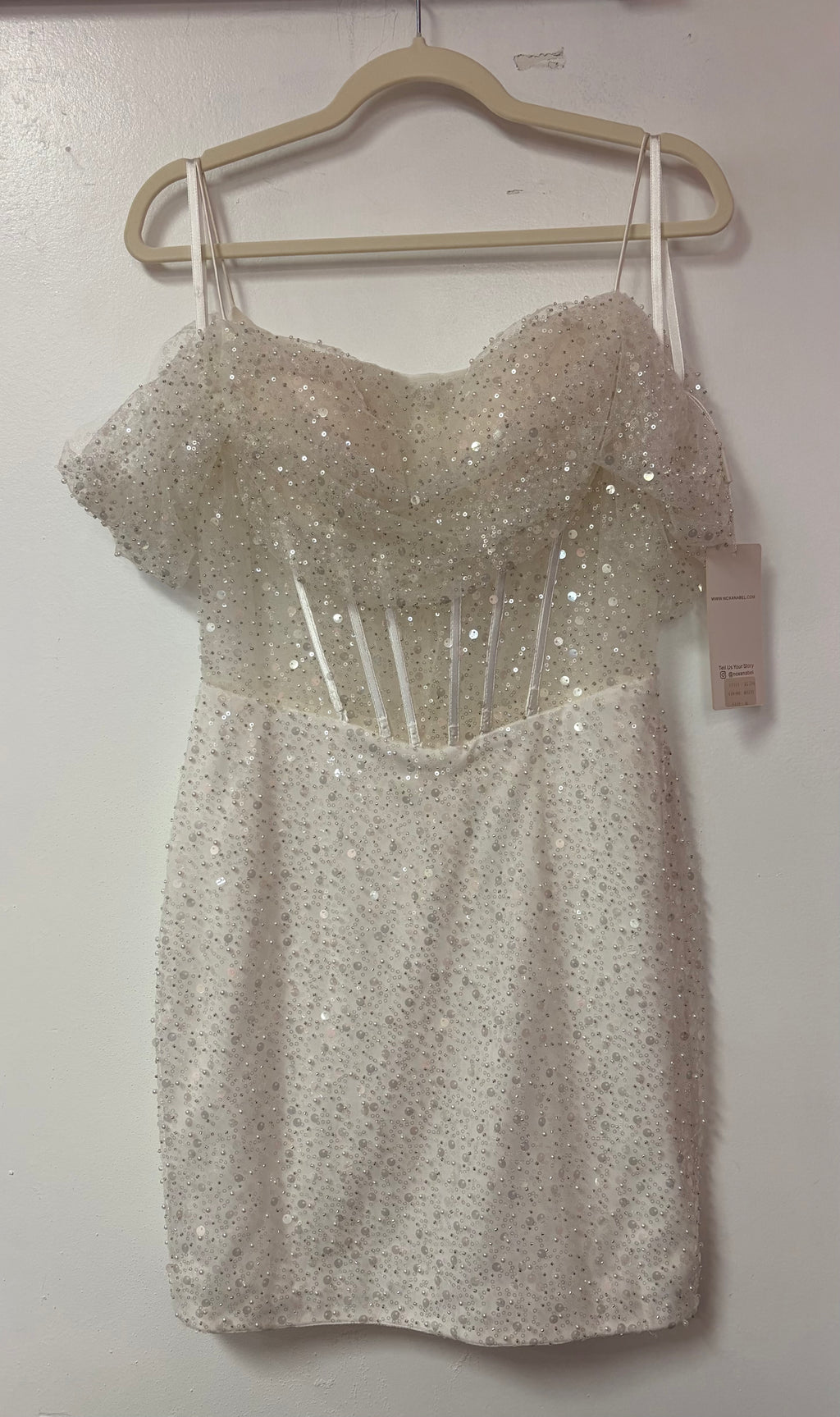 Nox Anabel R770W White Sequin Off-the-Shoulder Corset Dress