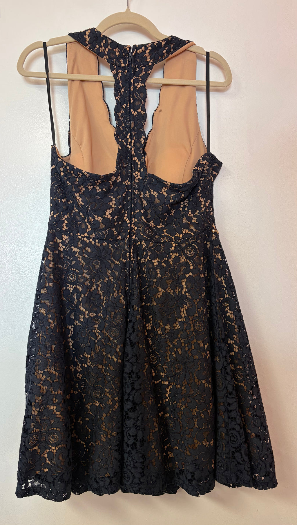 Navy Lace Fit & Flare Homecoming Dress with Pearl Embellished Waistline