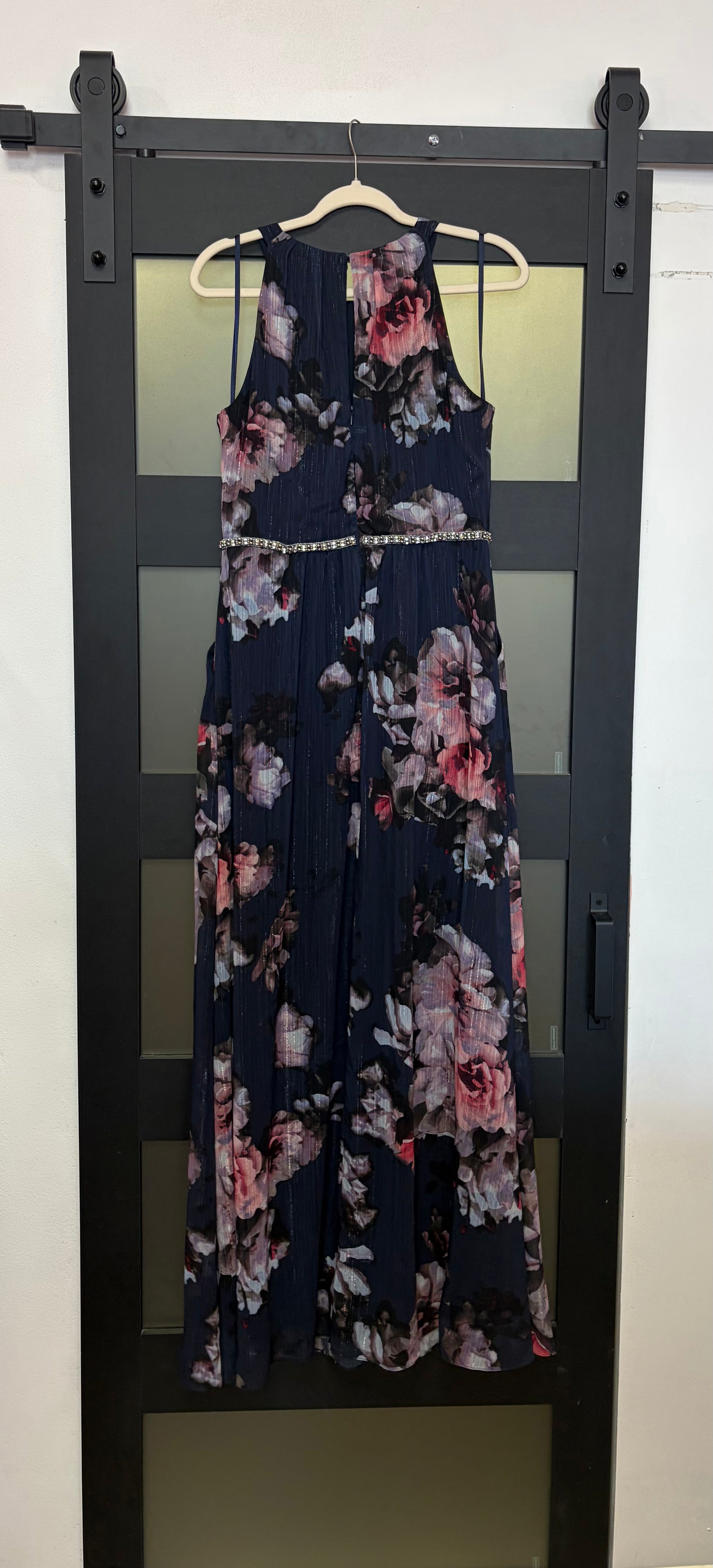 SLNY Navy Floral Chiffon Evening Gown