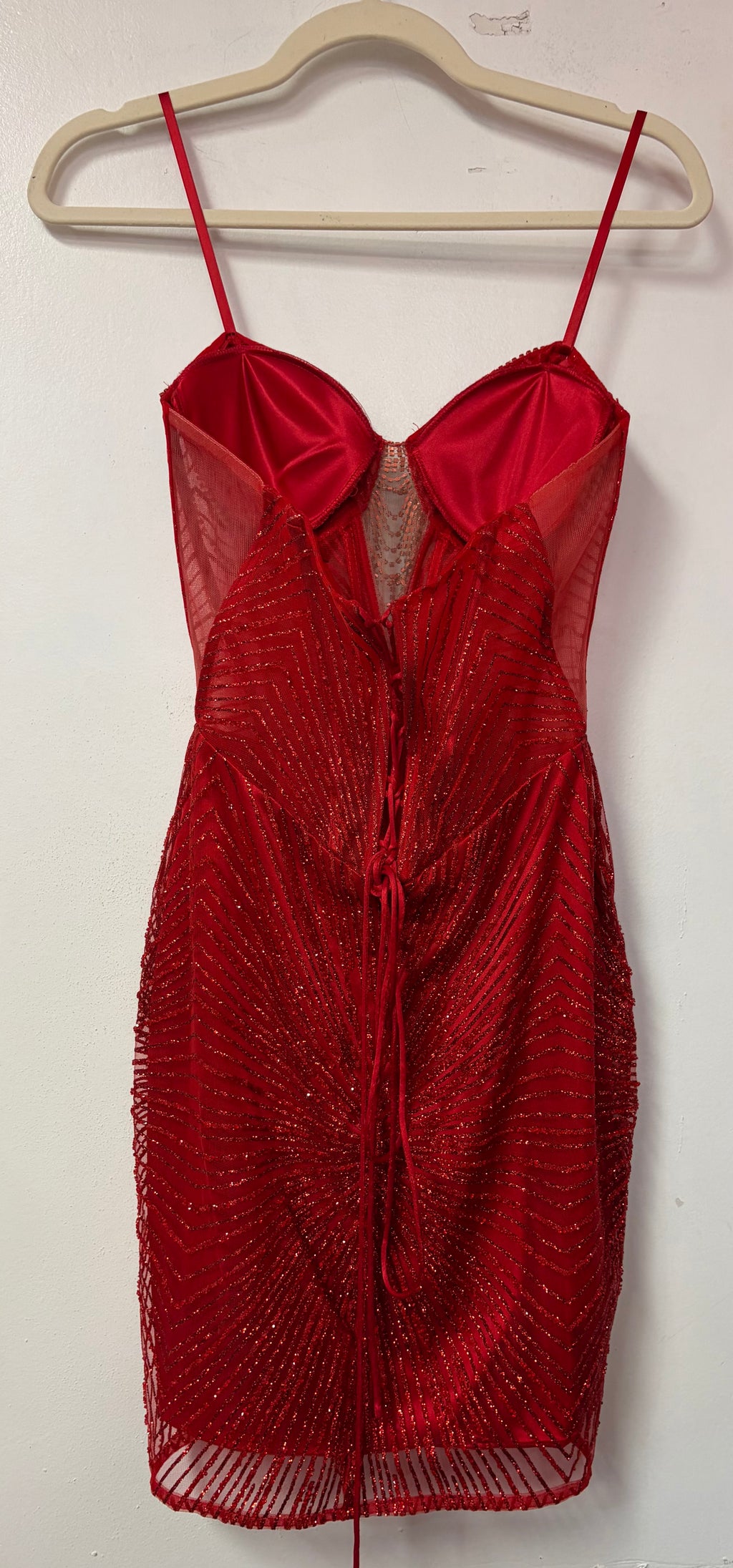 Ladivine J879 Red Beaded Illusion Mini Dress
